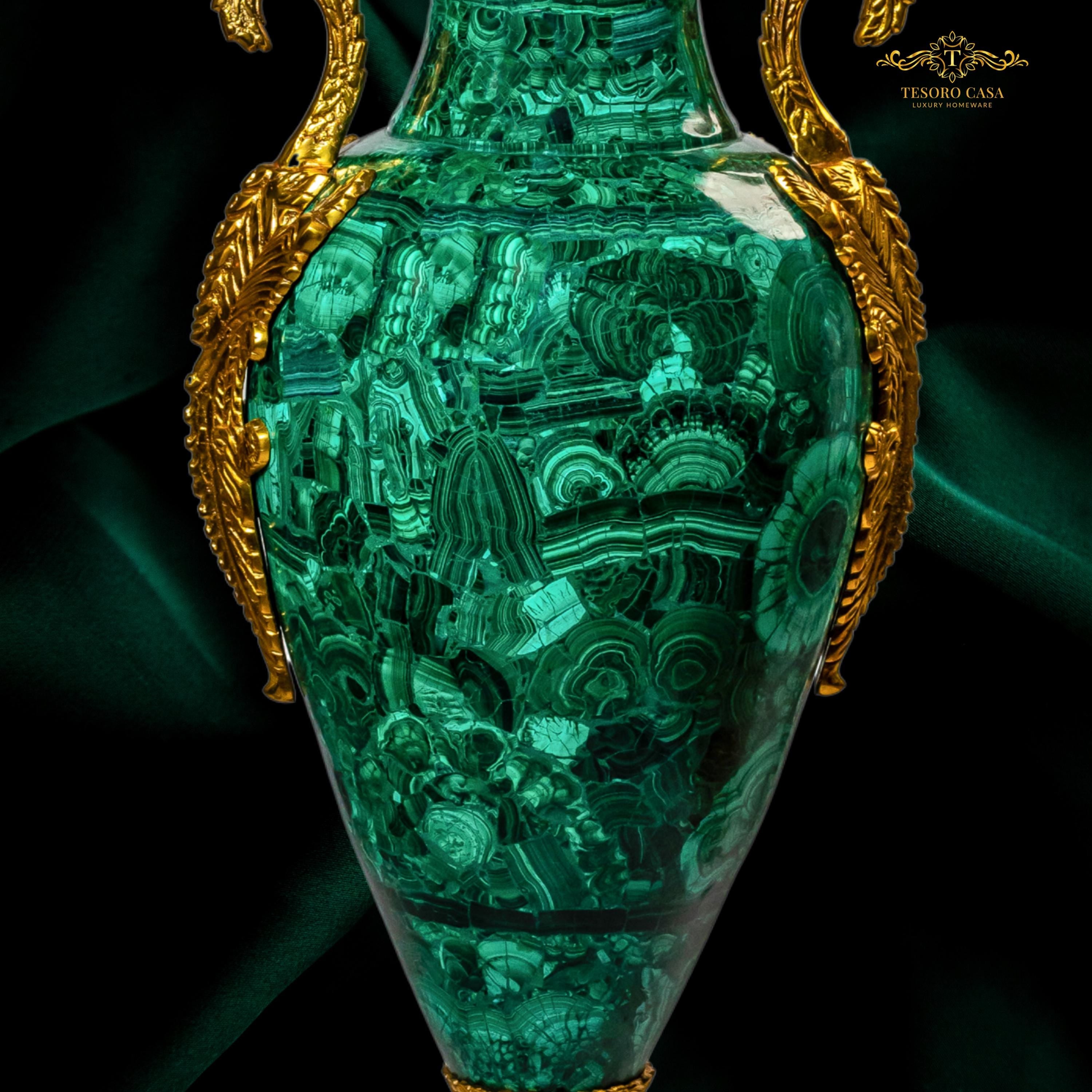 Luxury Malachite Urn Handmade Green Stone Decorative Vase With Gold Accents
