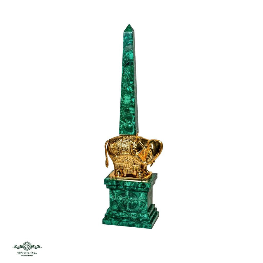 Handcrafted Malachite Obelisk Sculpture Pair with Gilded Elephant
