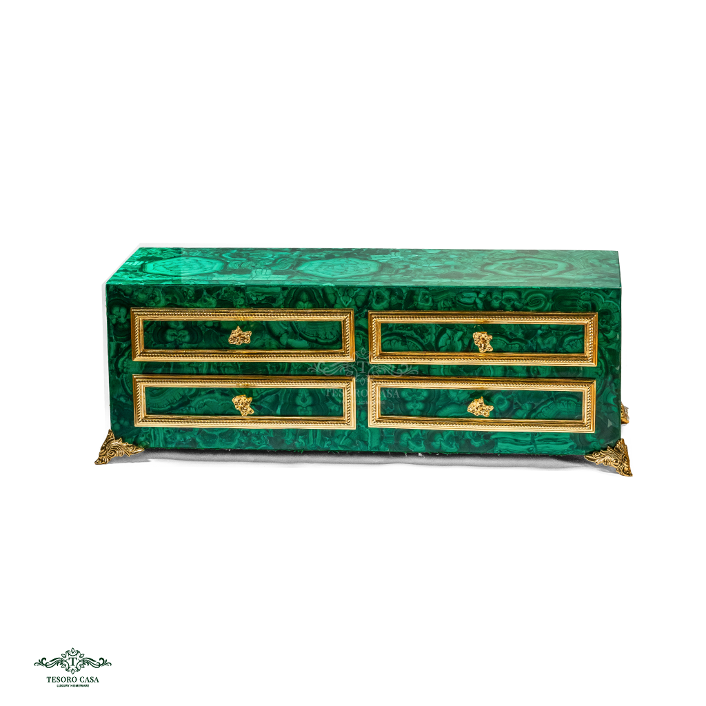 Handcrafted Malachite Four-Drawer Console Cabinet with Gilded Brass Detailing