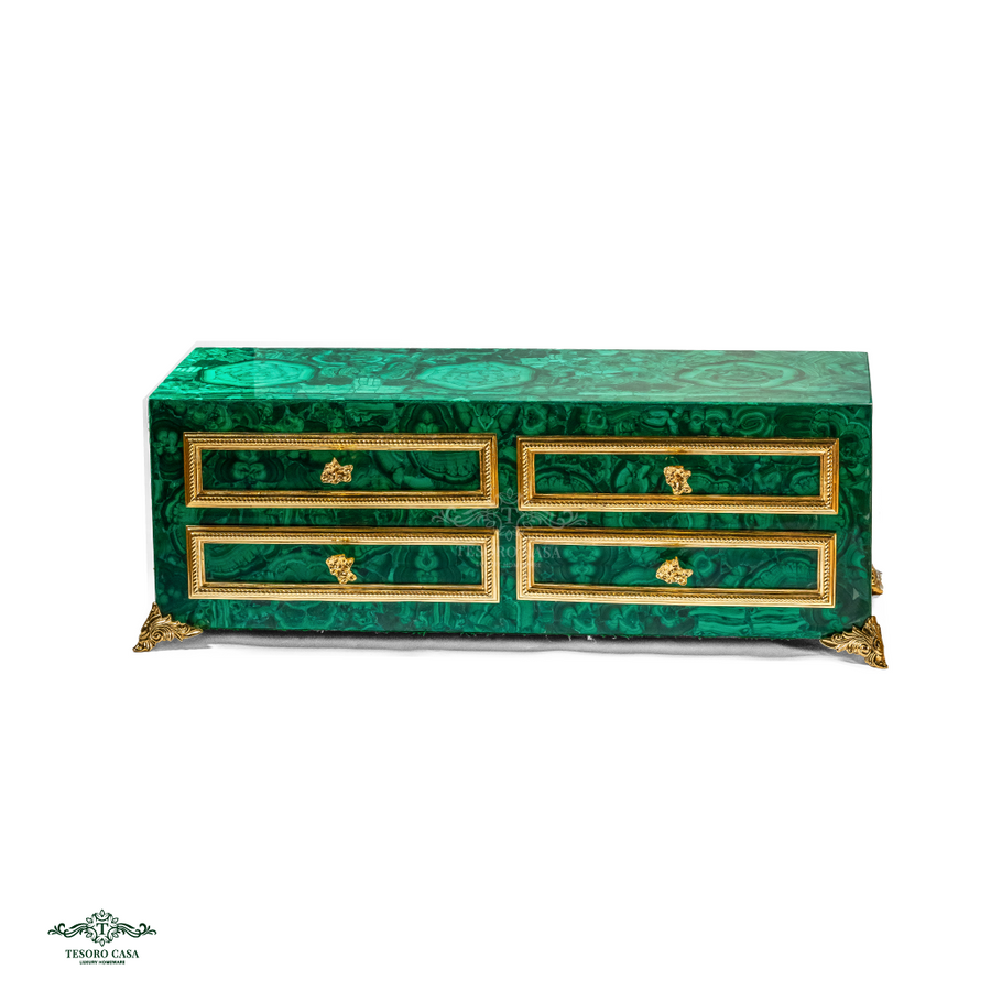 Handcrafted Malachite Four-Drawer Console Cabinet with Gilded Brass Detailing
