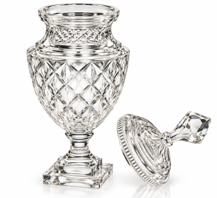 Crystal-Cut Glass Decorative Urn with Lid