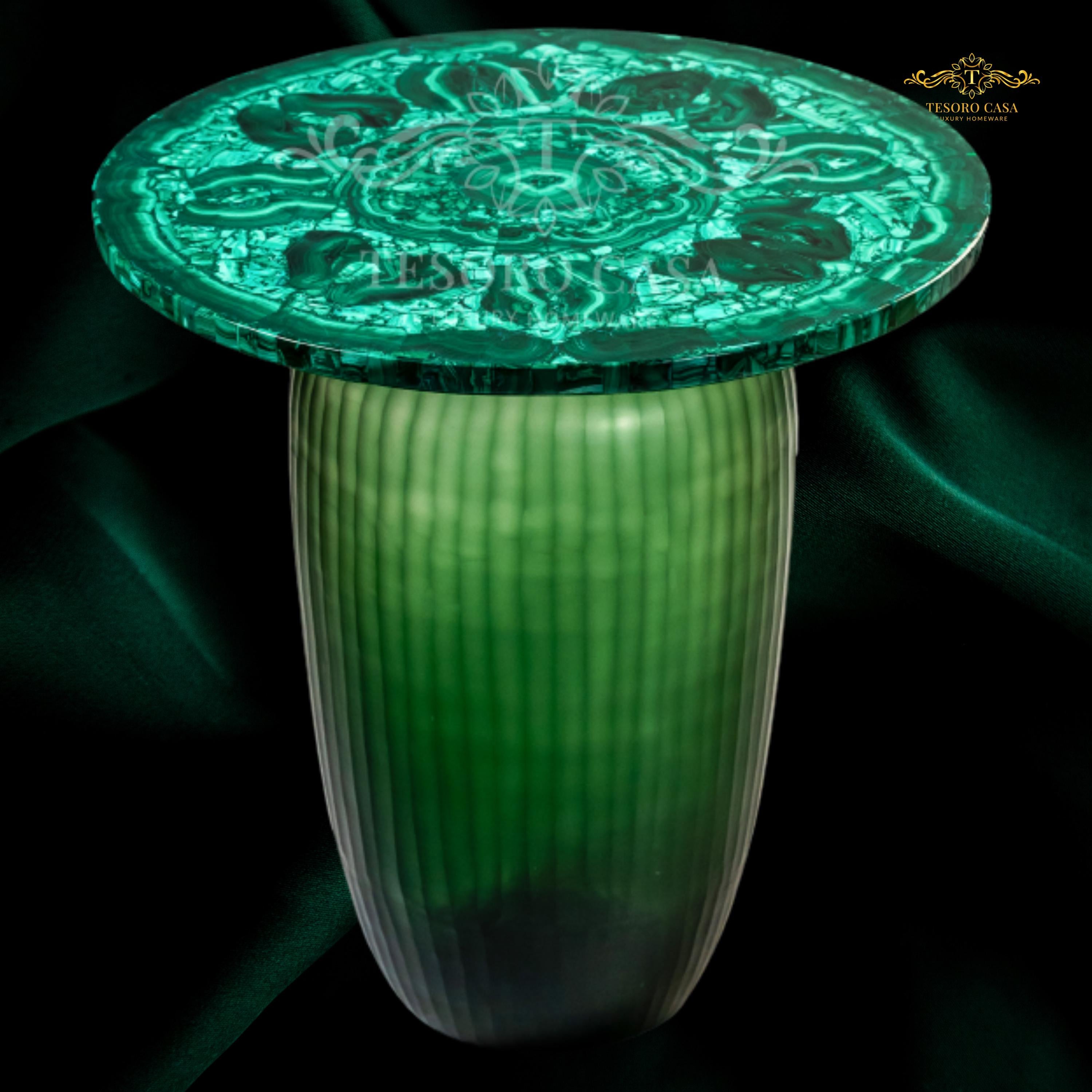 Handcrafted Malachite Gemstone Accent Table With Sculptural Green Glass Base