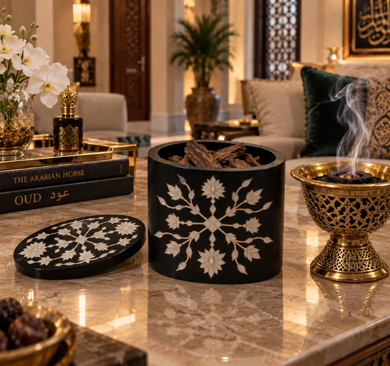 Handcrafted Black Marble Jewelry Box with Floral Inlay