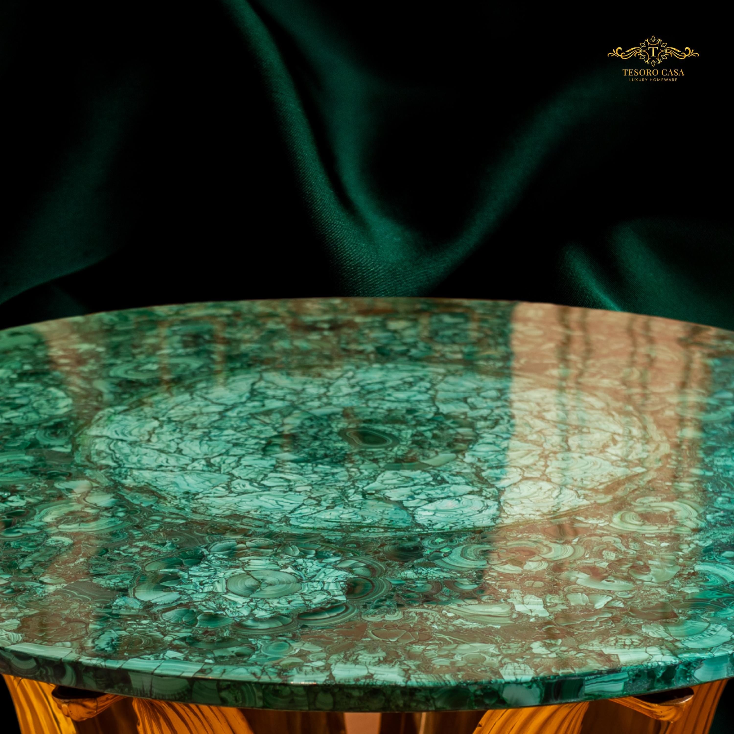 Handcrafted Malachite Lotus Table with Sculptural Gold Base