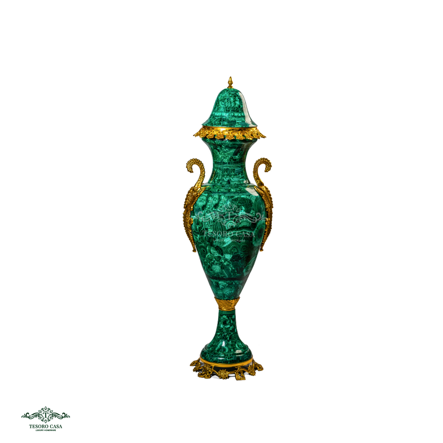 Handcrafted Malachite Luxury Vase with Gilded Brass Accents