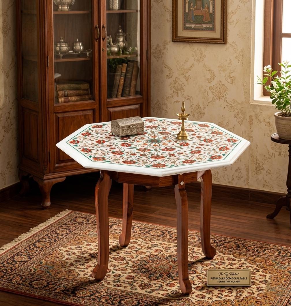 Handcrafted Pietra Dura Marble Inlay Accent Table