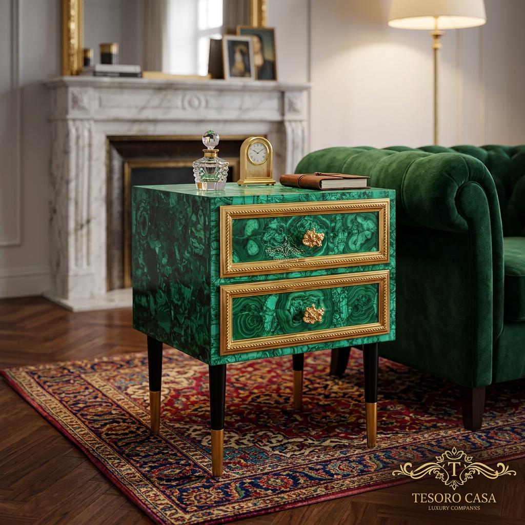 Malachite Green Side Table with Gold Accents