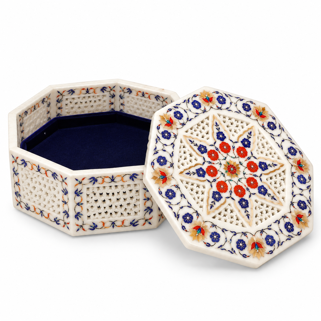 Octagonal White Marble Inlay Jewelry Box with Multicolor Floral Design