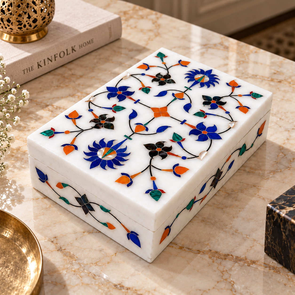 Handcrafted White Marble Pietra Dura Jewellery Box with Floral Inlay