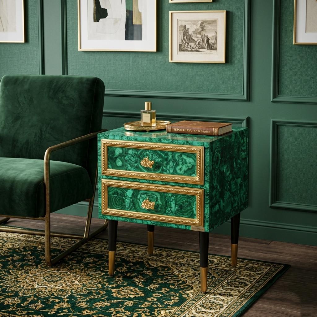 Malachite Green Side Table with Gold Accents