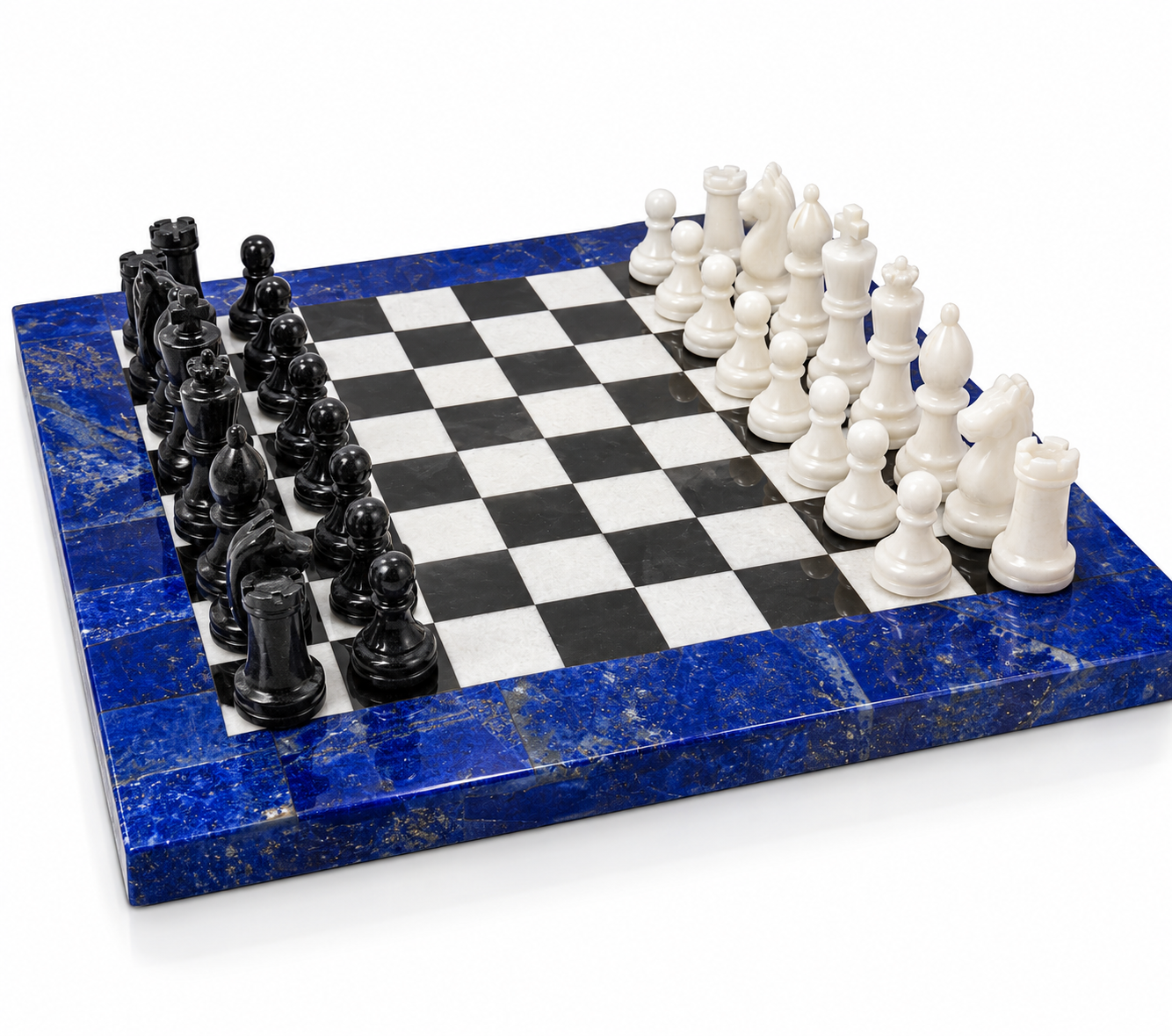 Handcrafted Lapis Lazuli Chess Set with Black & White Marble Inlay