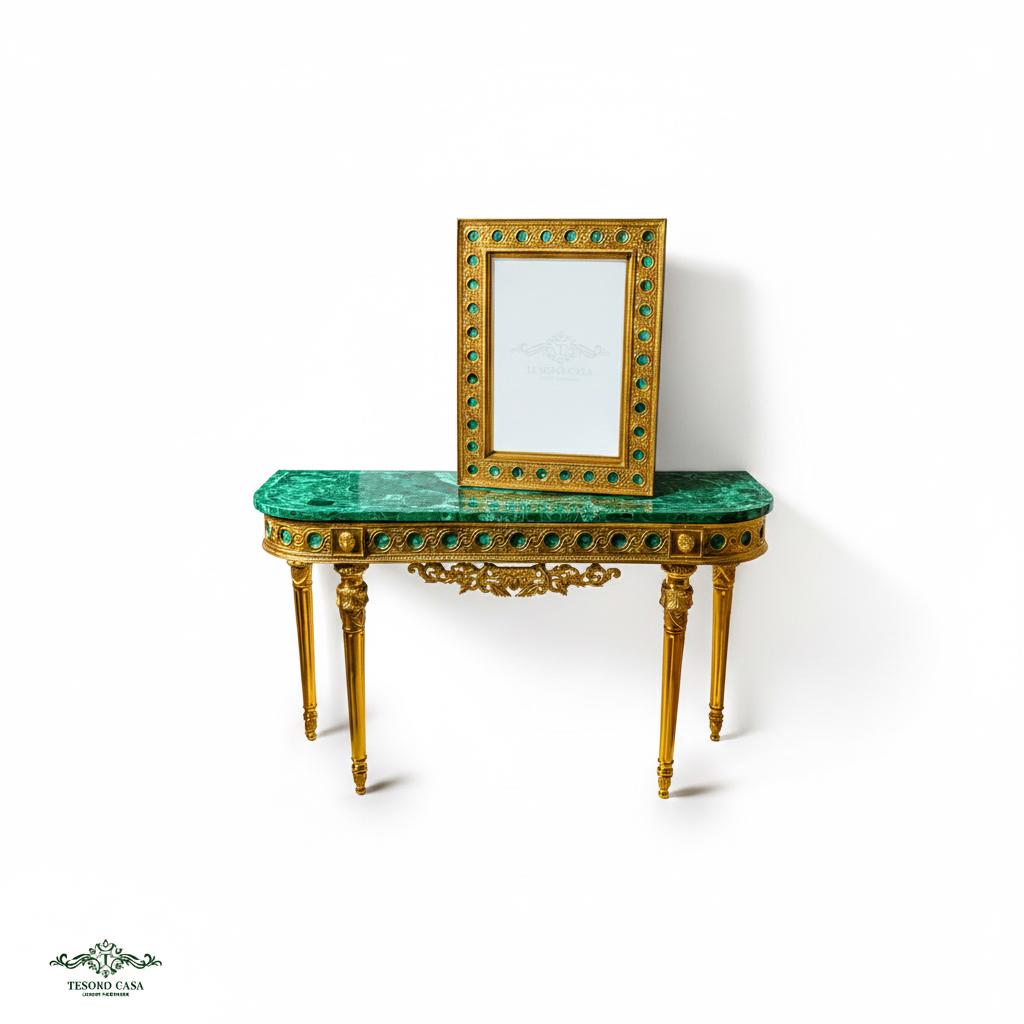 Luxury Malachite Console Table And Mirror Set Handmade Green Stone Furniture