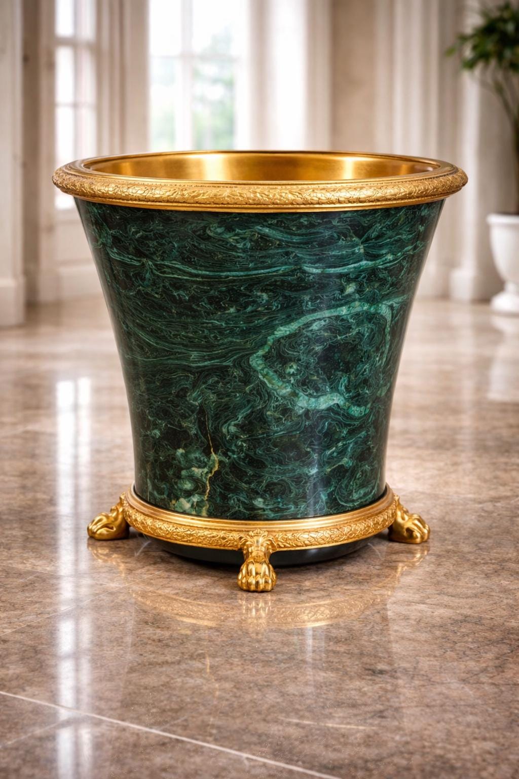 Malachite Luxury Waste Bin with Gold Interior