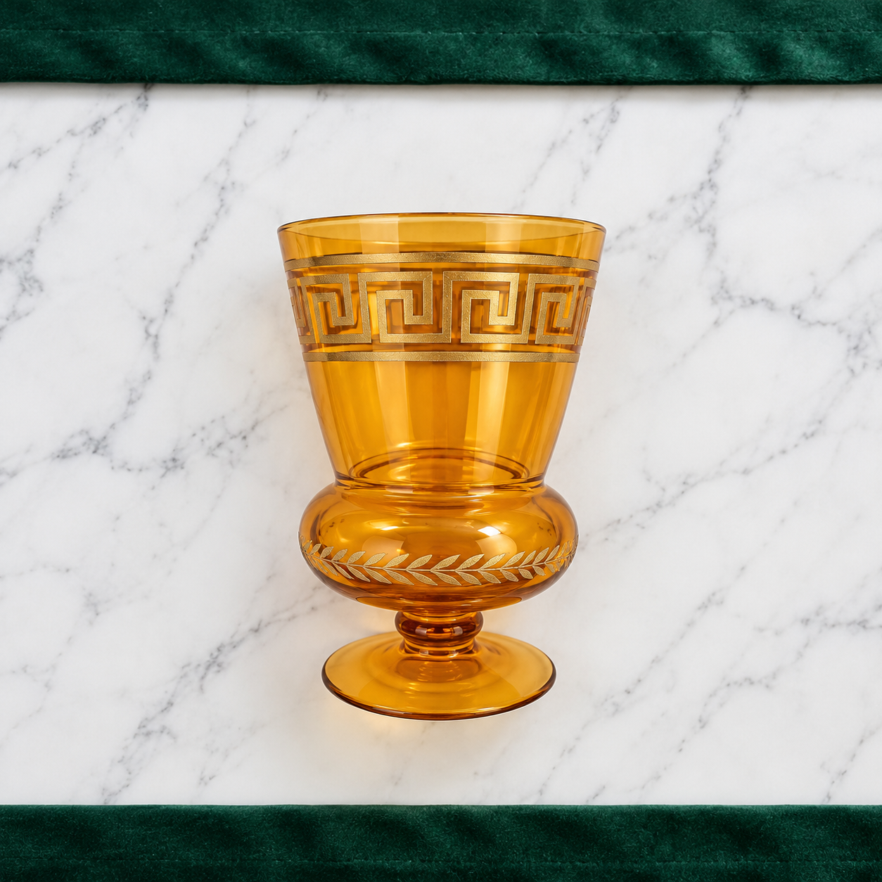Luxury Amber Glass Flower Vase with Pedestal Stand & Greek Key Detailing