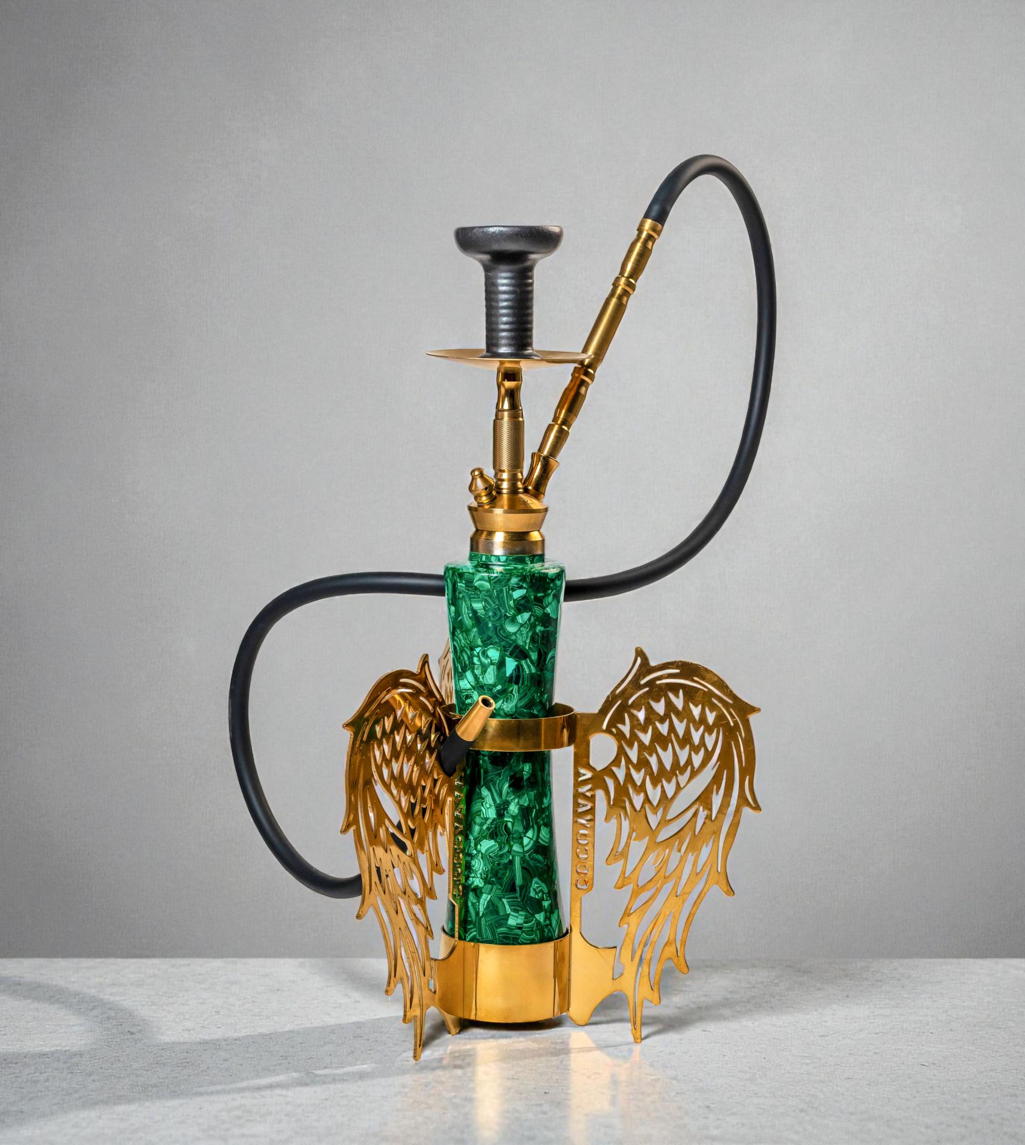 Handcrafted Malachite Sheesha with Ornate Gold Wings