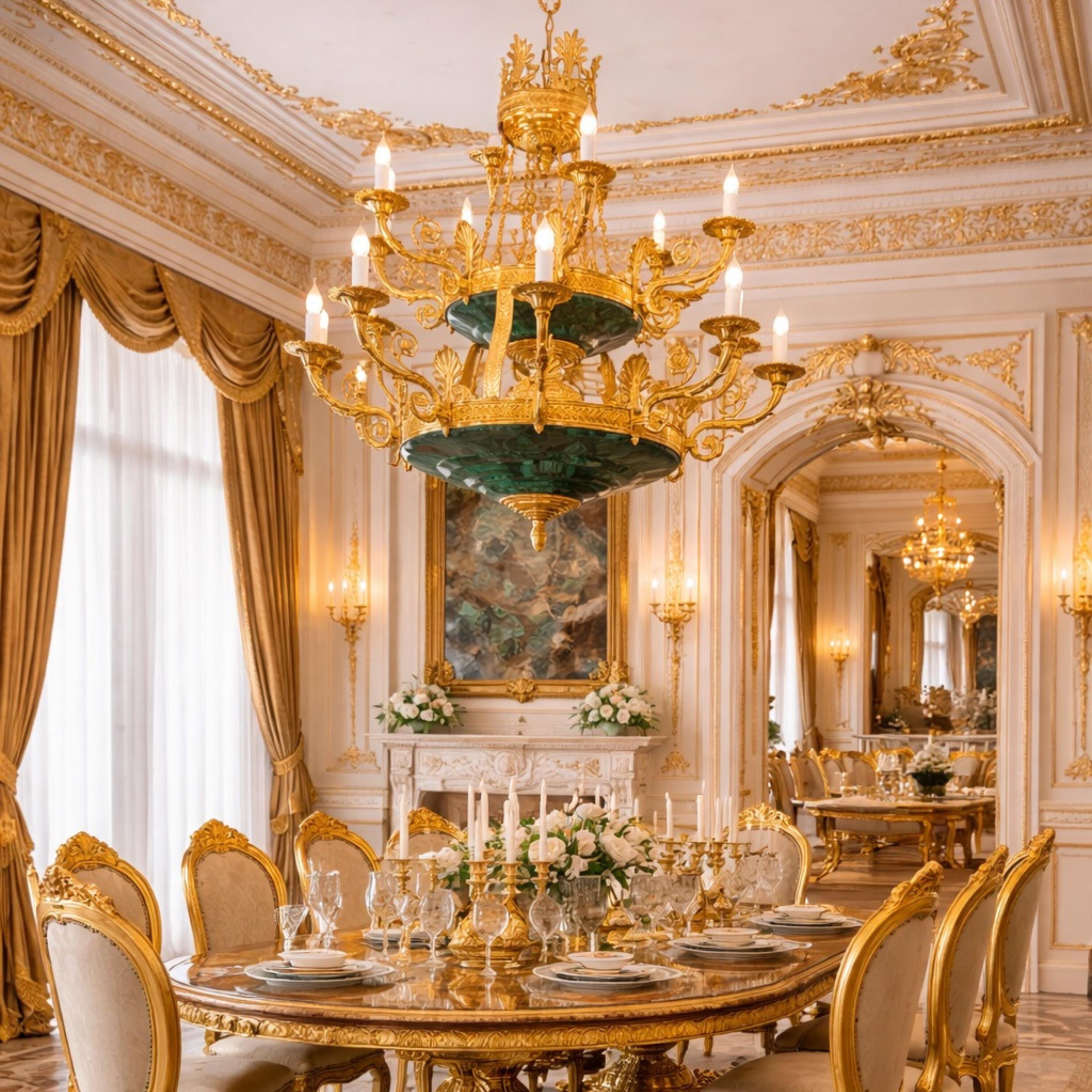 Large Malachite Chandelier with Gold Plated Finish