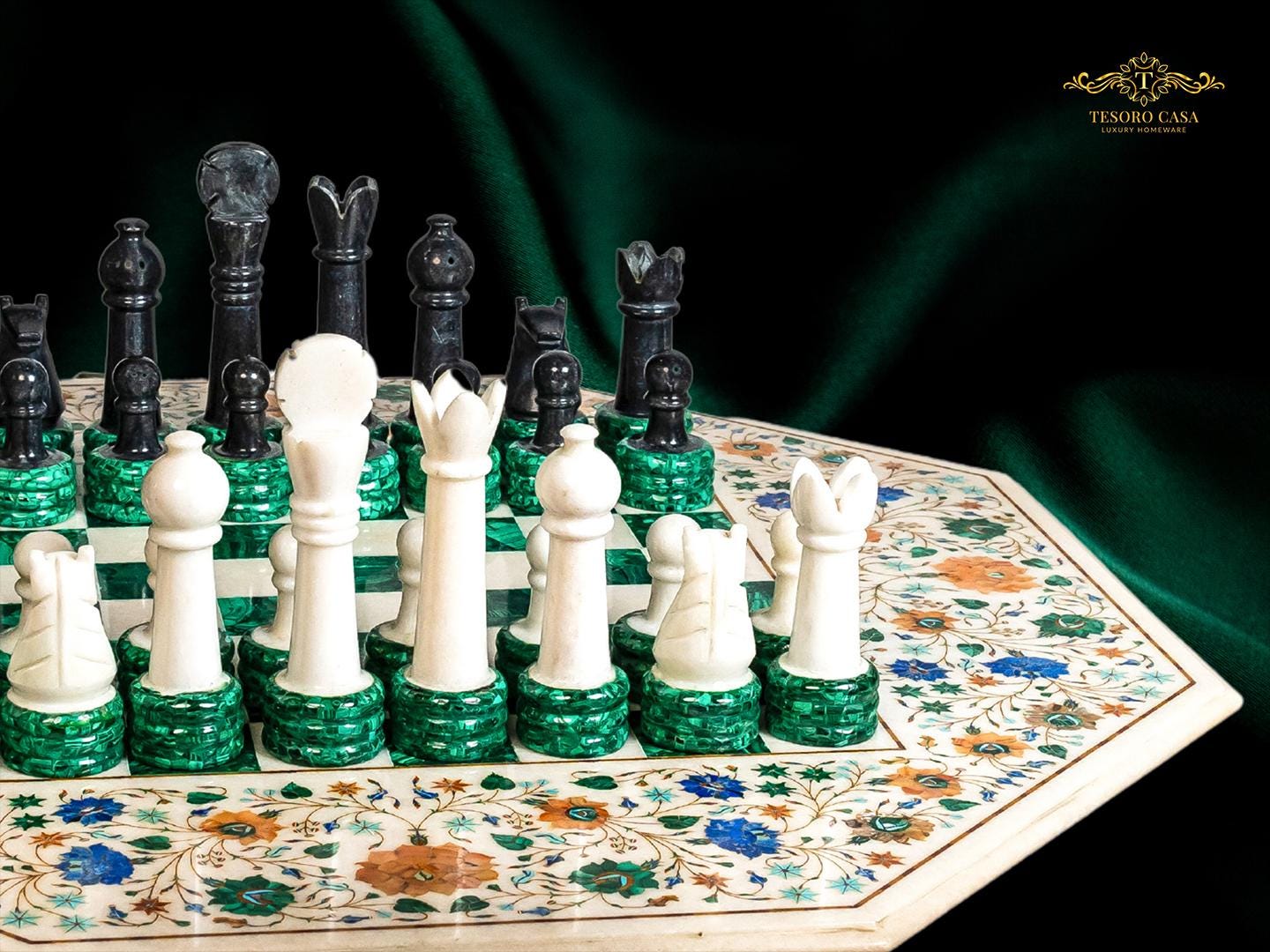 Luxury Marble Inlay & Malachite Chess Table | Handmade Gemstone Chessboard Table | Tesoro Casa