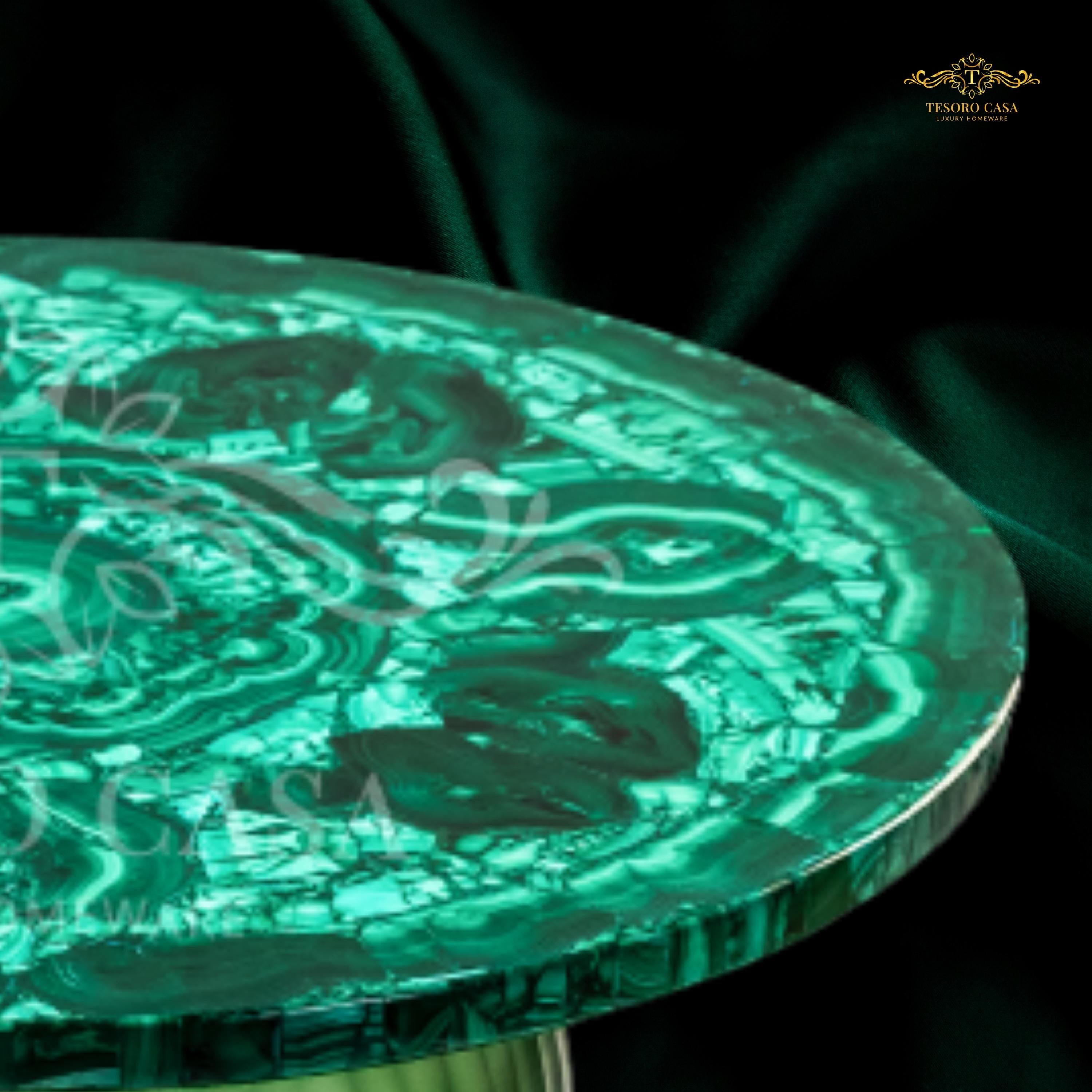 Handcrafted Malachite Gemstone Accent Table With Sculptural Green Glass Base