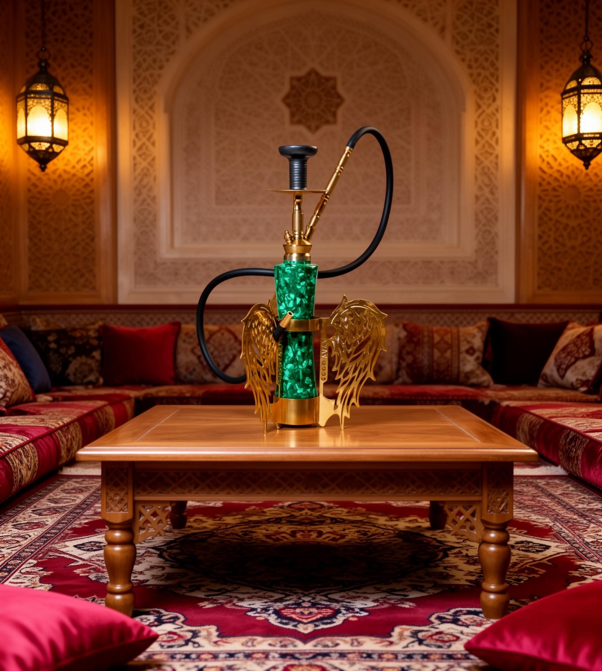Handcrafted Malachite Sheesha with Ornate Gold Wings