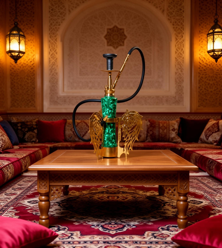 Handcrafted Malachite Sheesha (Hookah) with Ornate Gold Wings