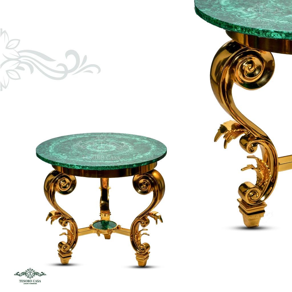 Handcrafted Malachite Round Accent Table with Sculpted Gold Scroll Base