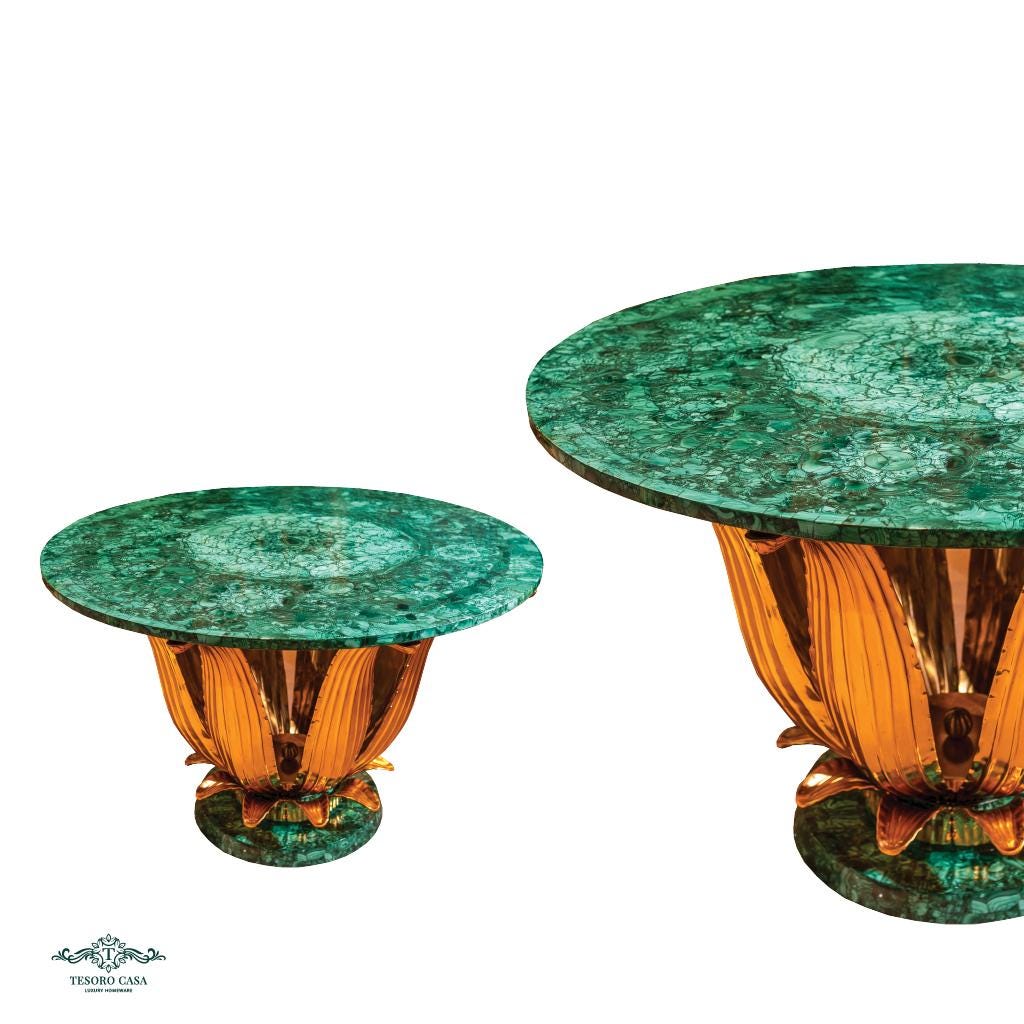 Handcrafted Malachite Lotus Table with Sculptural Gold Base