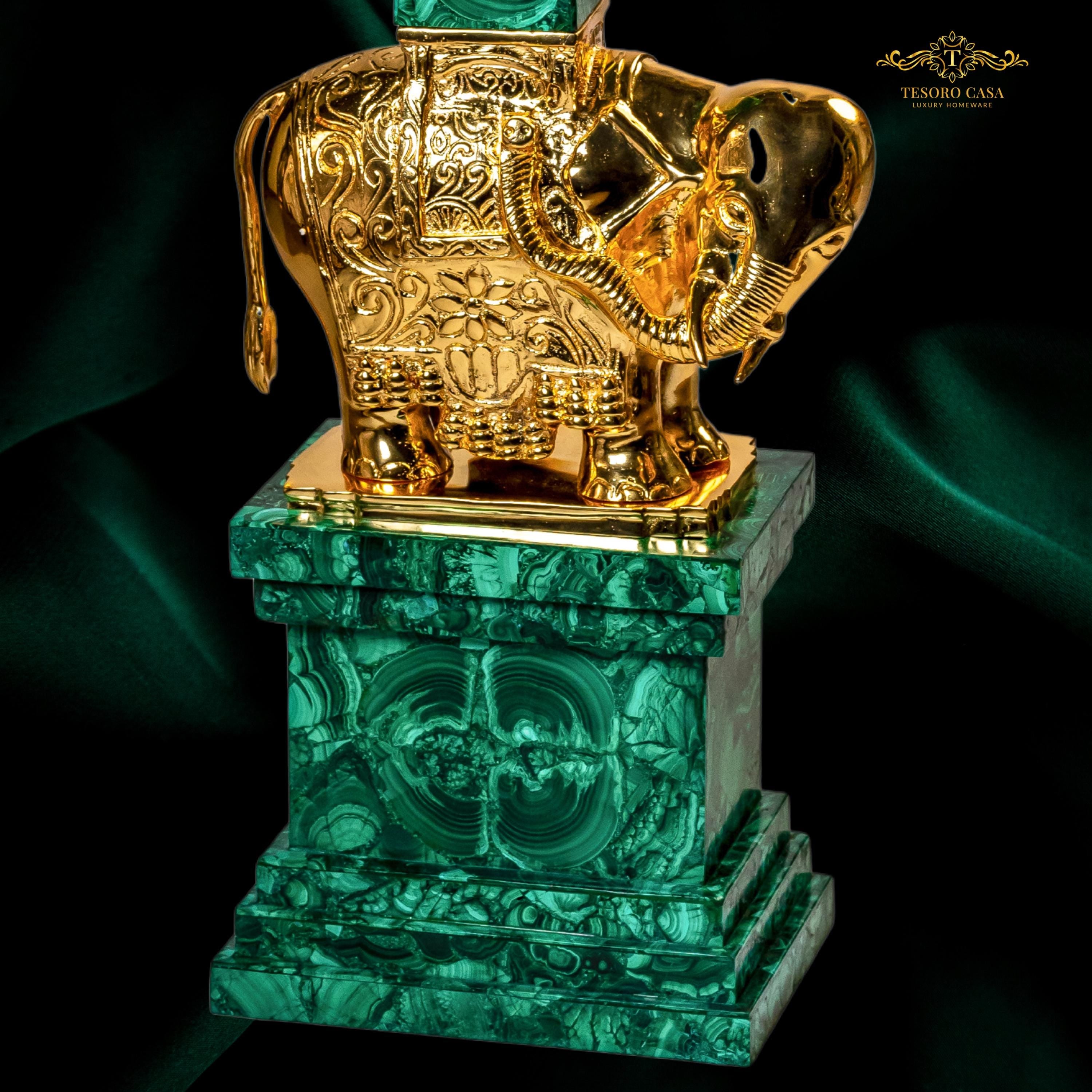 Luxury Malachite Obelisk Pair Handmade Green Stone Sculptures With Gilded Elephant Motif