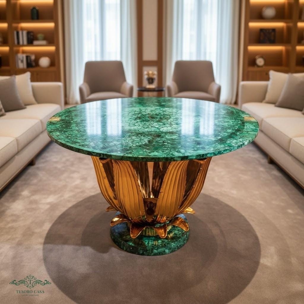 Handcrafted Malachite Lotus Table with Sculptural Gold Base
