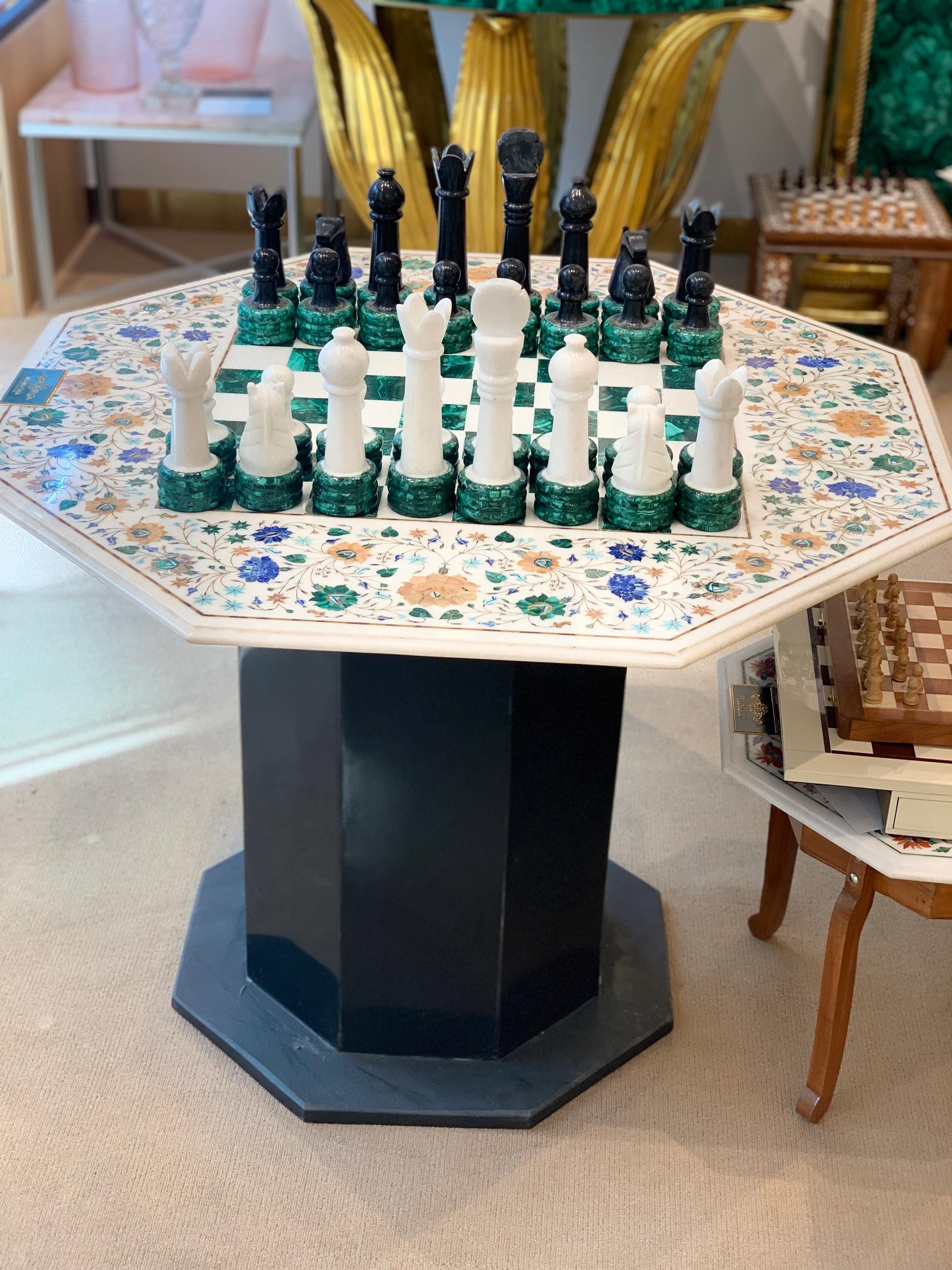 Luxury Marble Inlay & Malachite Chess Table | Handmade Gemstone Chessboard Table | Tesoro Casa
