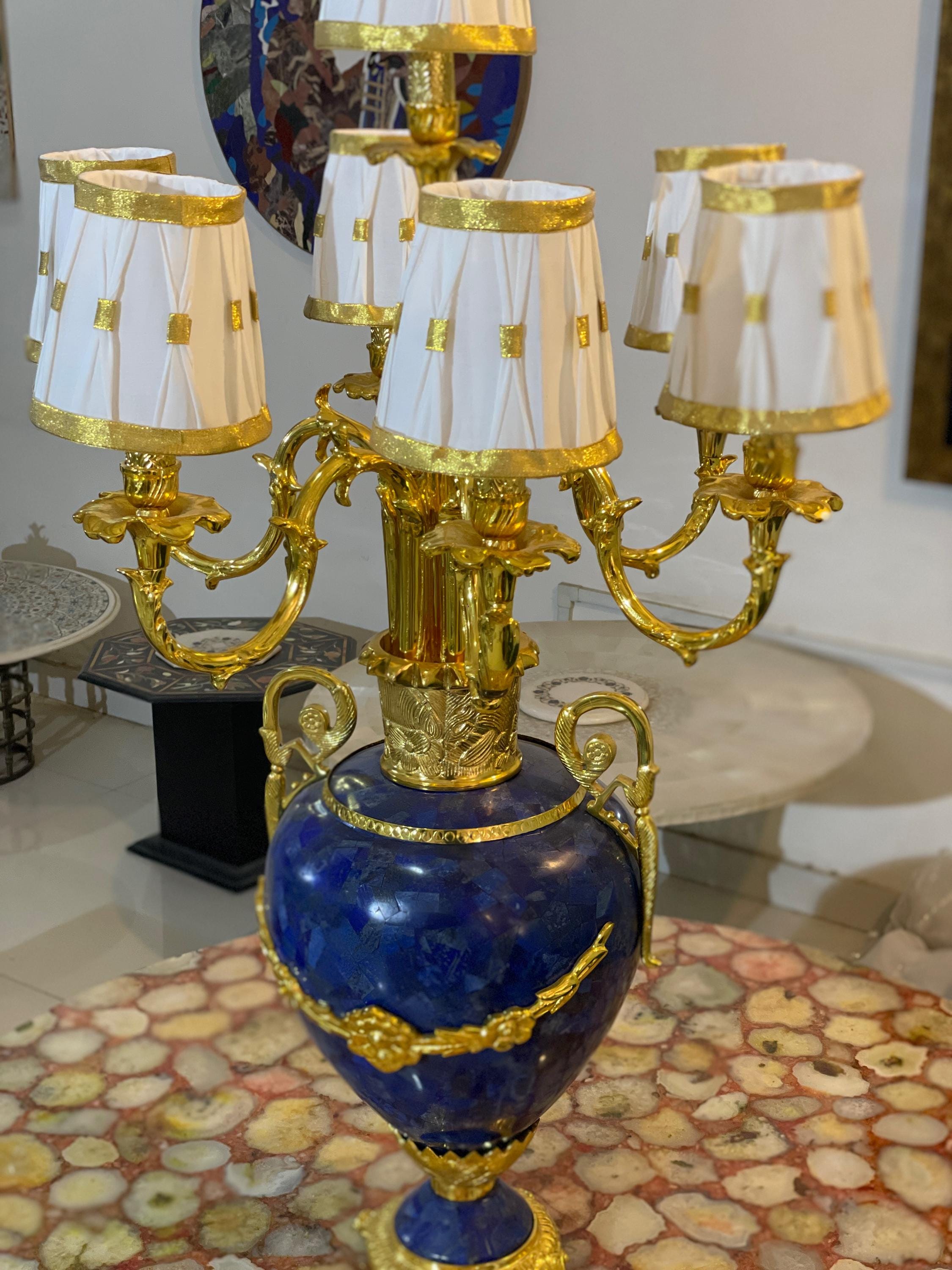 Grand Lapis Lazuli & Gold Eight-Arm Luxury Candelabra Lamp