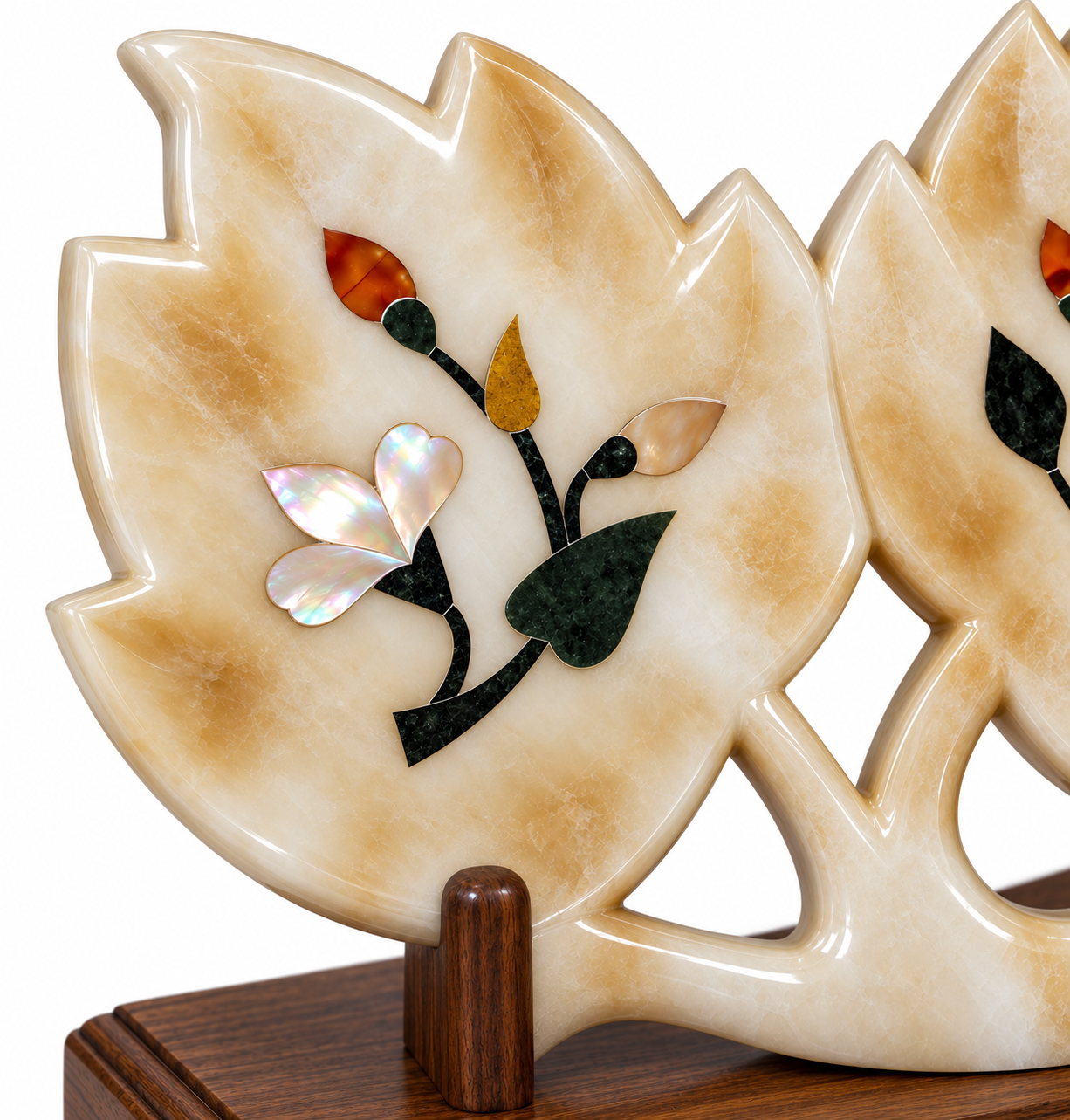 Handcrafted Alabaster White Marble Leaf Sculpture with Mother of Pearl & Gemstone Inlay