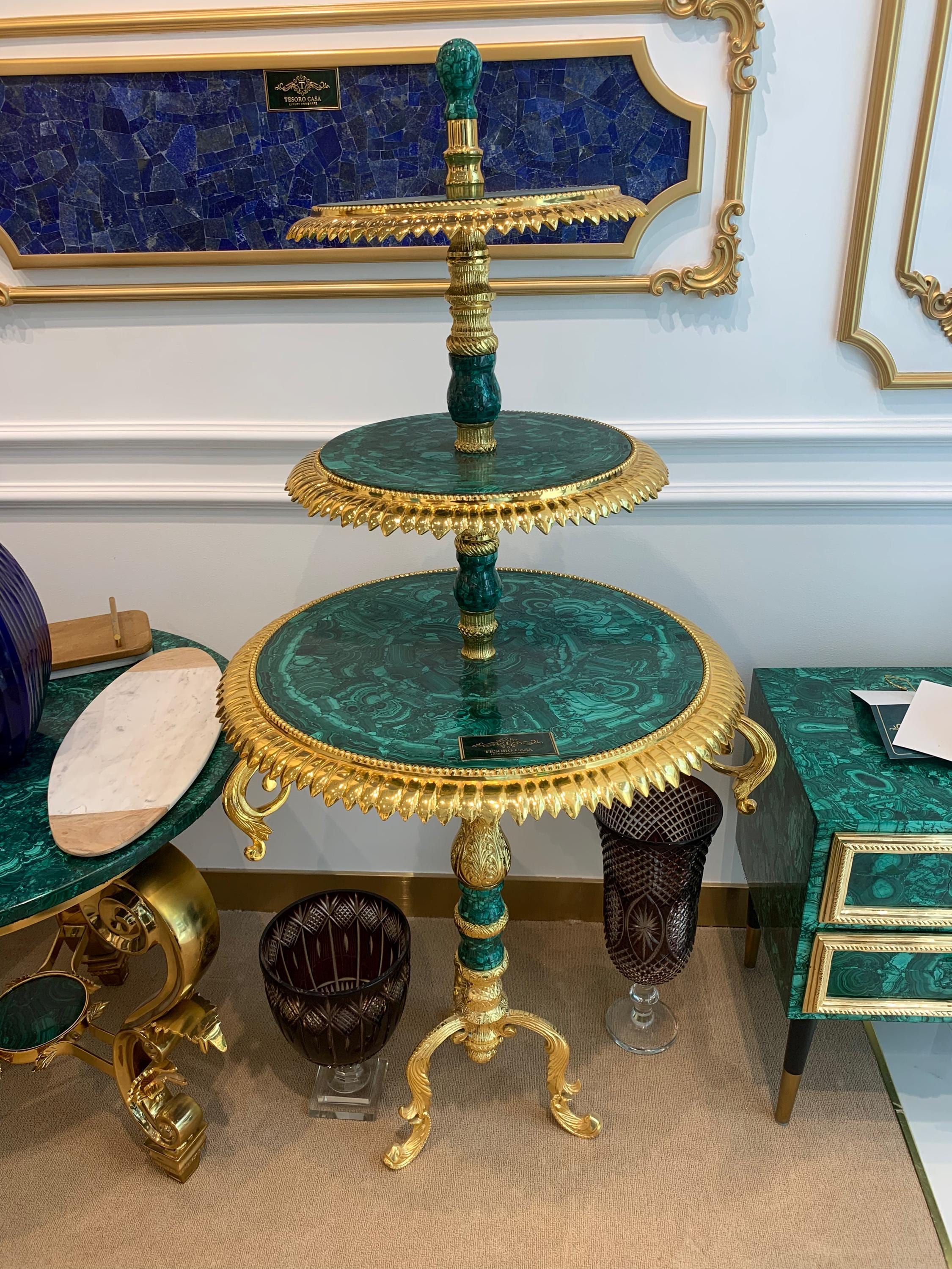 Handcrafted Malachite 3-Tier Decorative Serving Stand