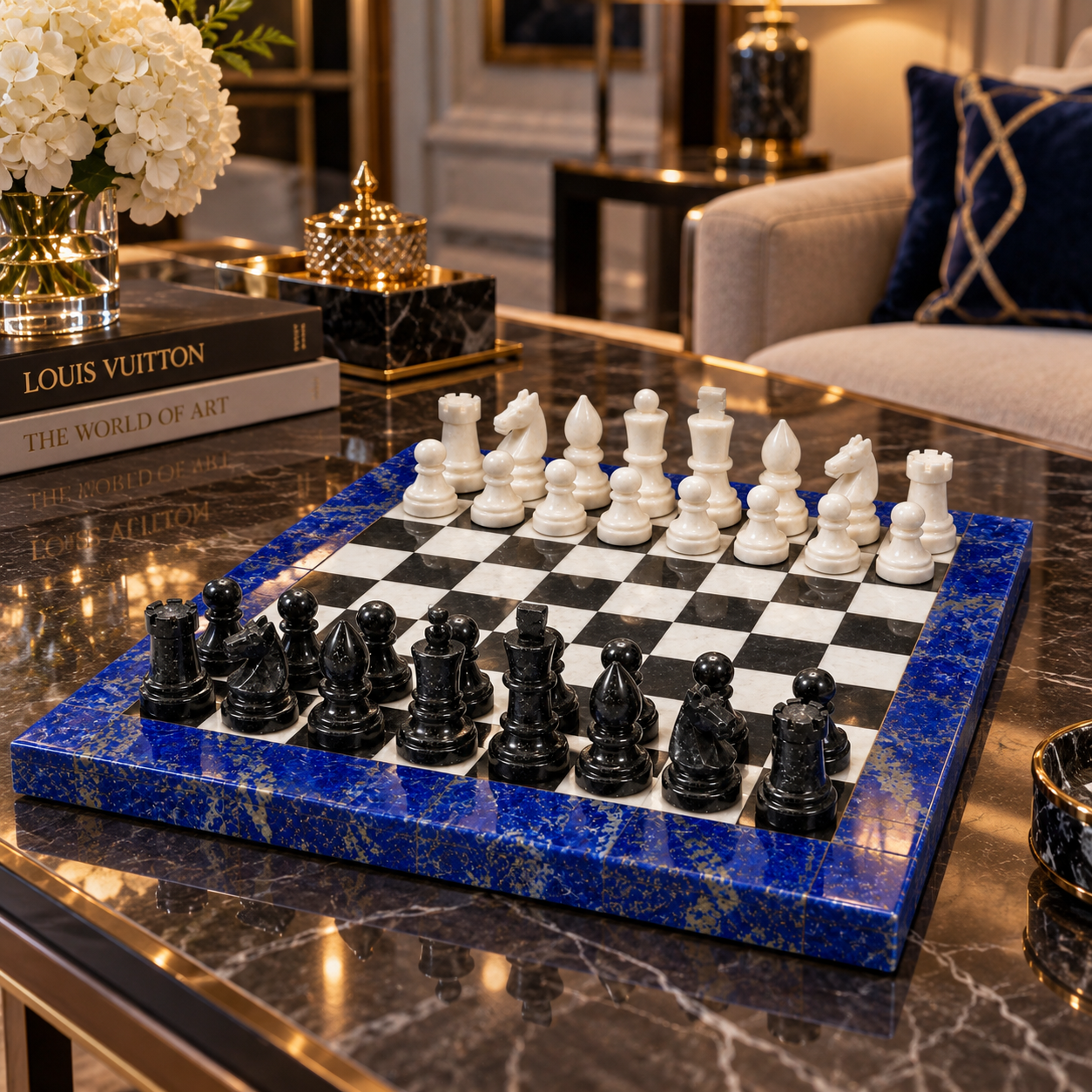 Handcrafted Lapis Lazuli Chess Set with Black & White Marble Inlay