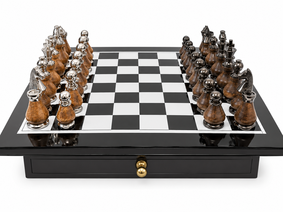 Handcrafted Marble Chess Set with Wooden & Silver Pieces