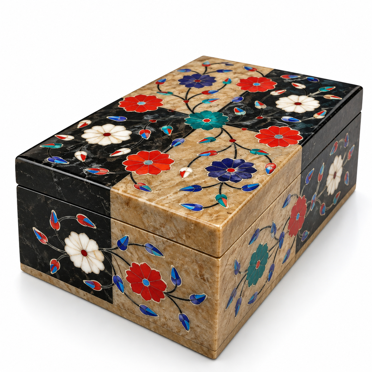 Handcrafted Black & Beige Soft Stone Inlay Jewelry & Storage Box