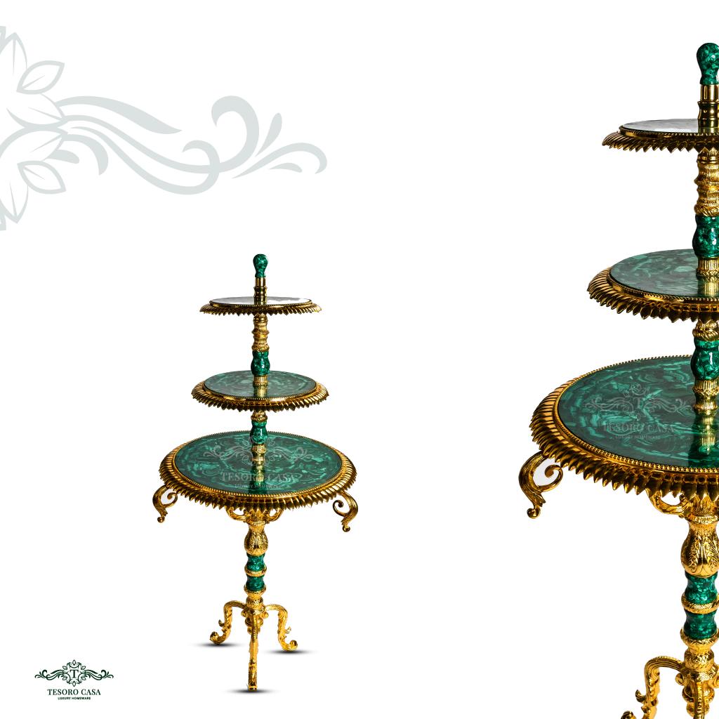 Handcrafted Malachite 3-Tier Decorative Serving Stand