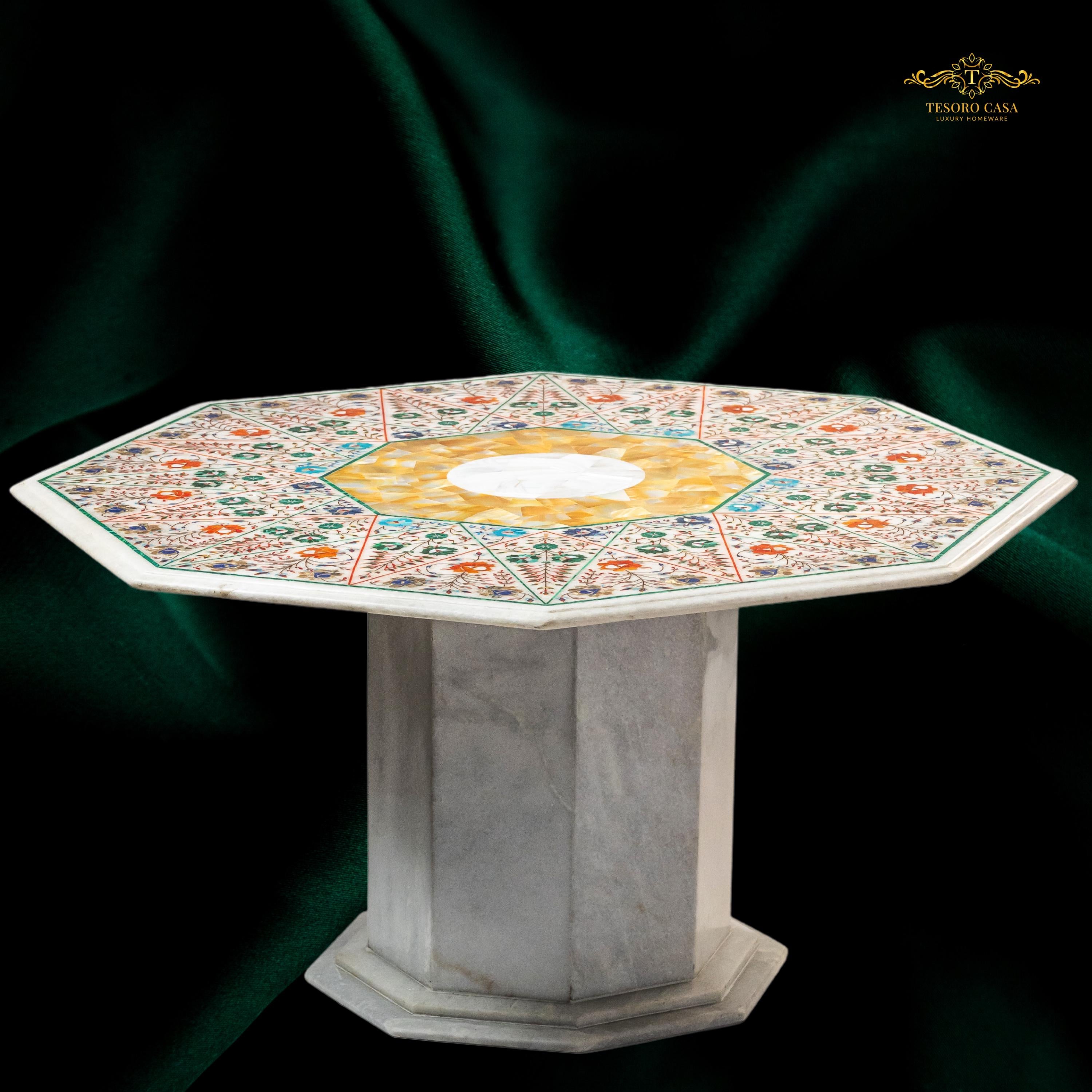 Pietra Dura Marble Dining Table with Yellow Mother of Pearl Inlay