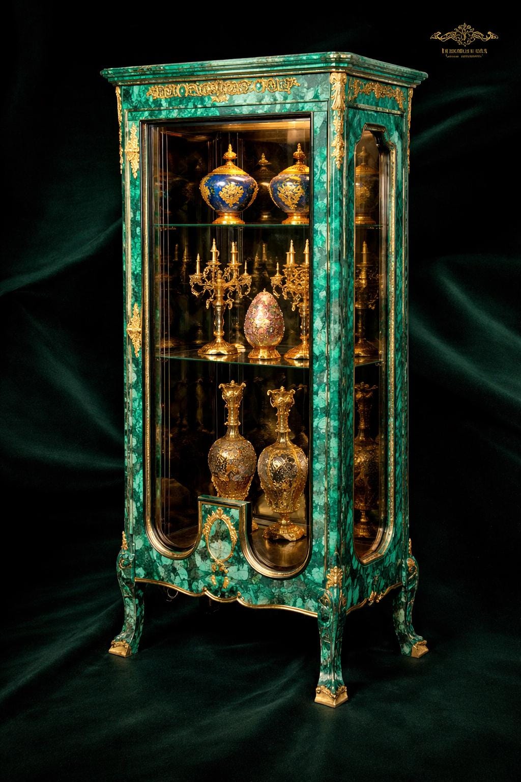 Handcrafted Malachite Display Cabinet with Gilded Brass Accents