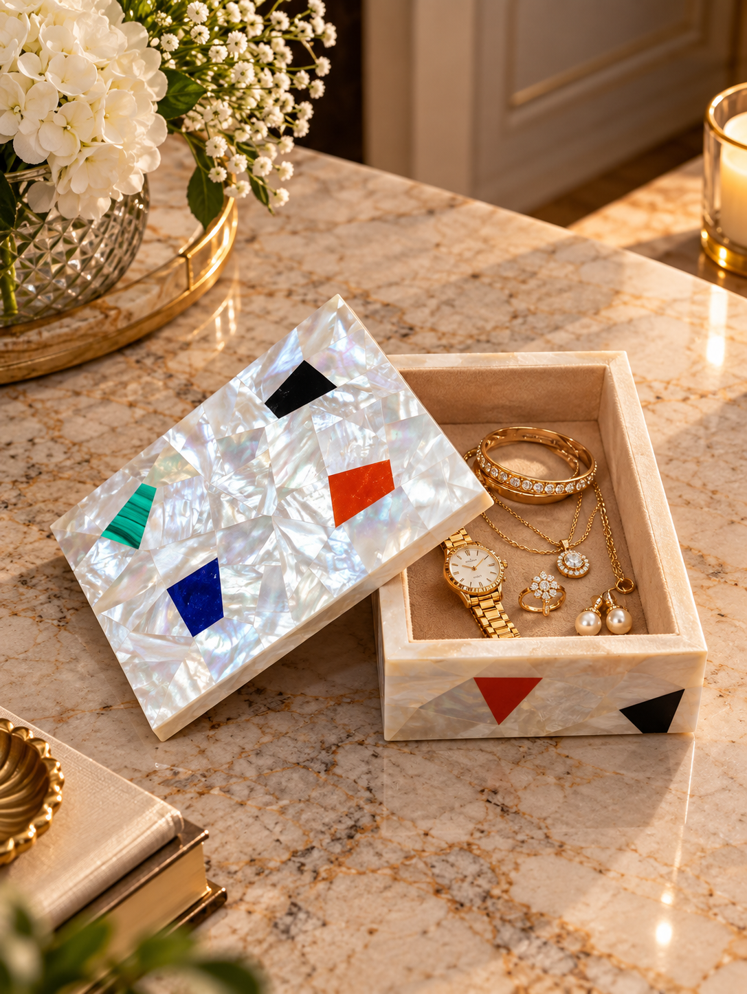 Handcrafted Mother of Pearl Mosaic Decorative Storage Box with Gemstone Inlay