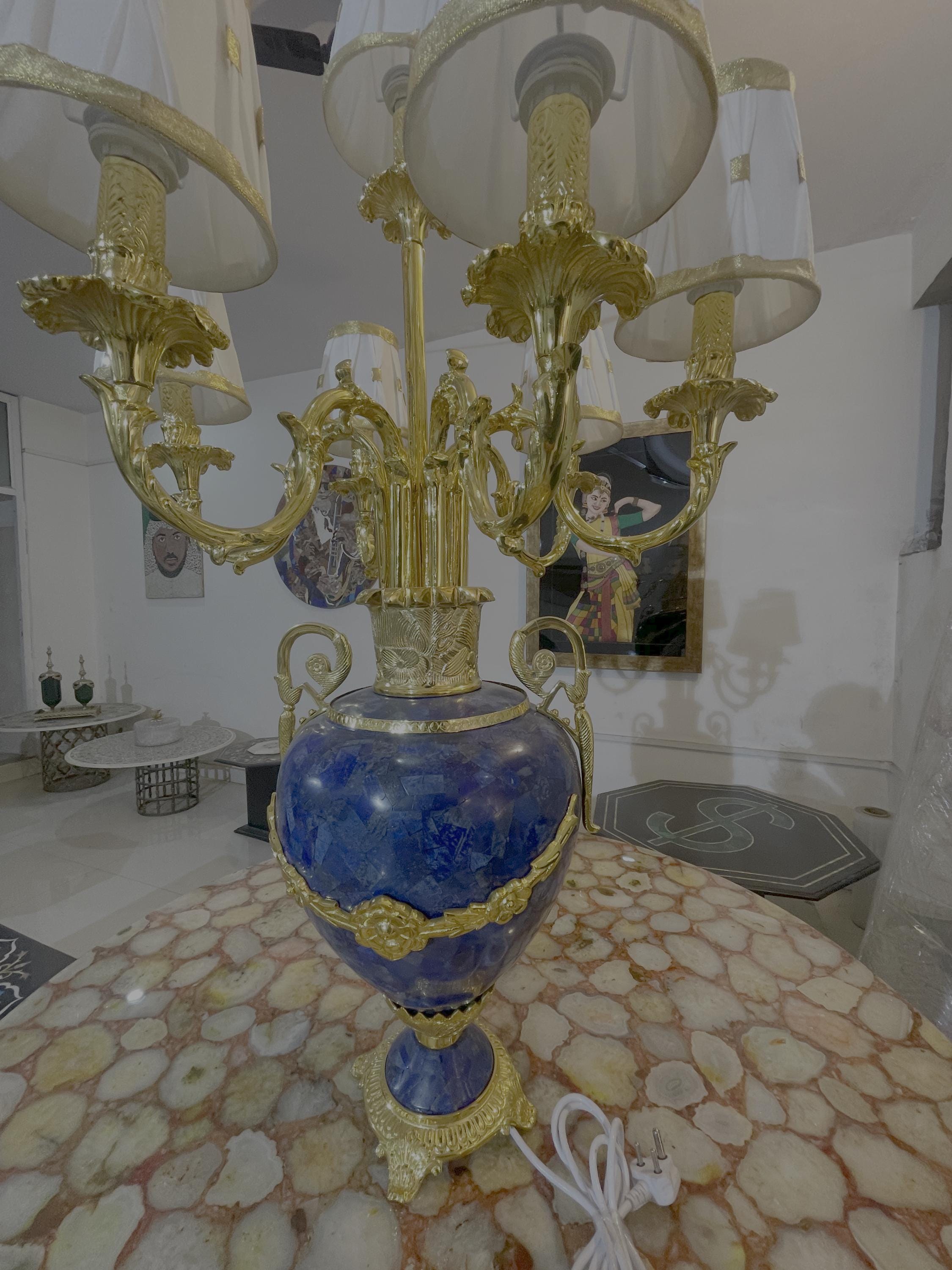 Grand Lapis Lazuli & Gold Eight-Arm Luxury Candelabra Lamp