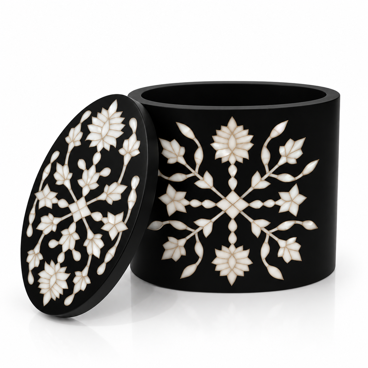 Handcrafted Black Marble Jewelry Box with Floral Inlay