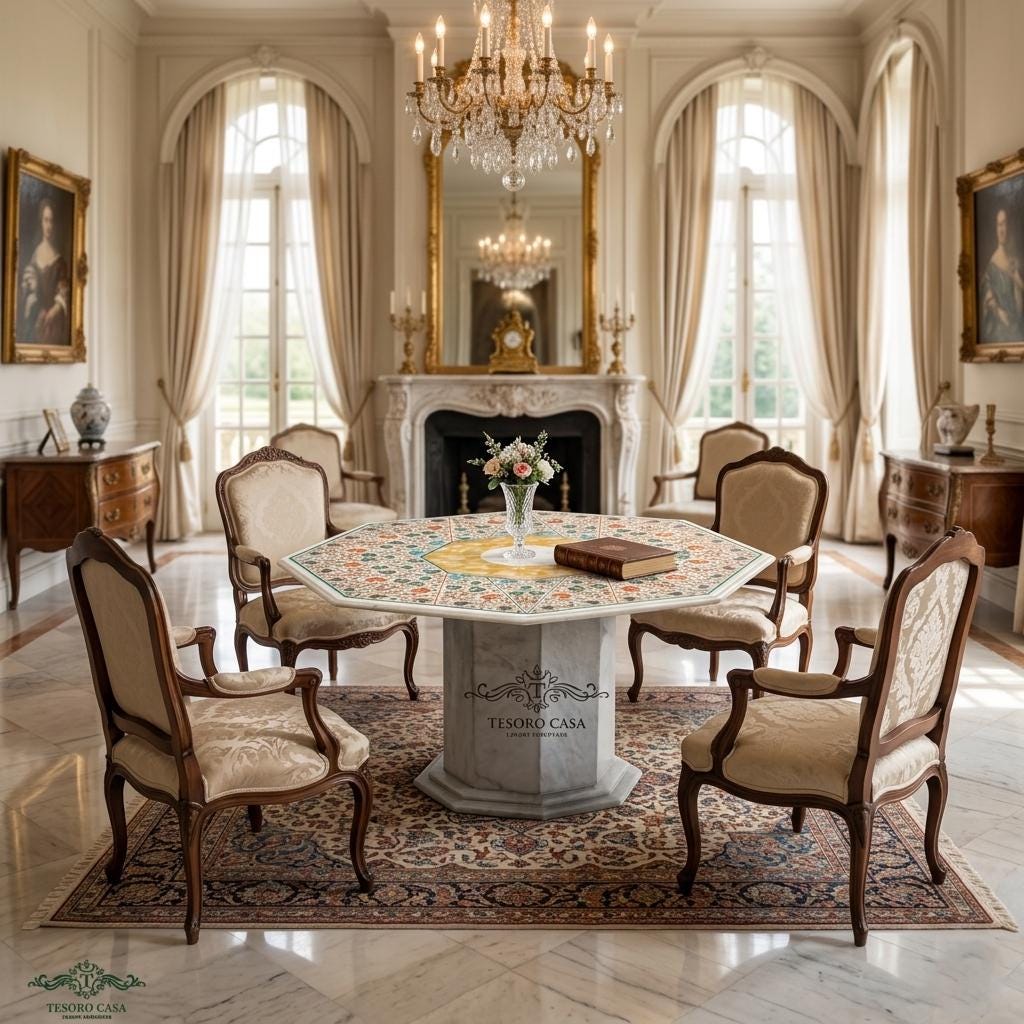 Pietra Dura Marble Dining Table with Yellow Mother of Pearl Inlay