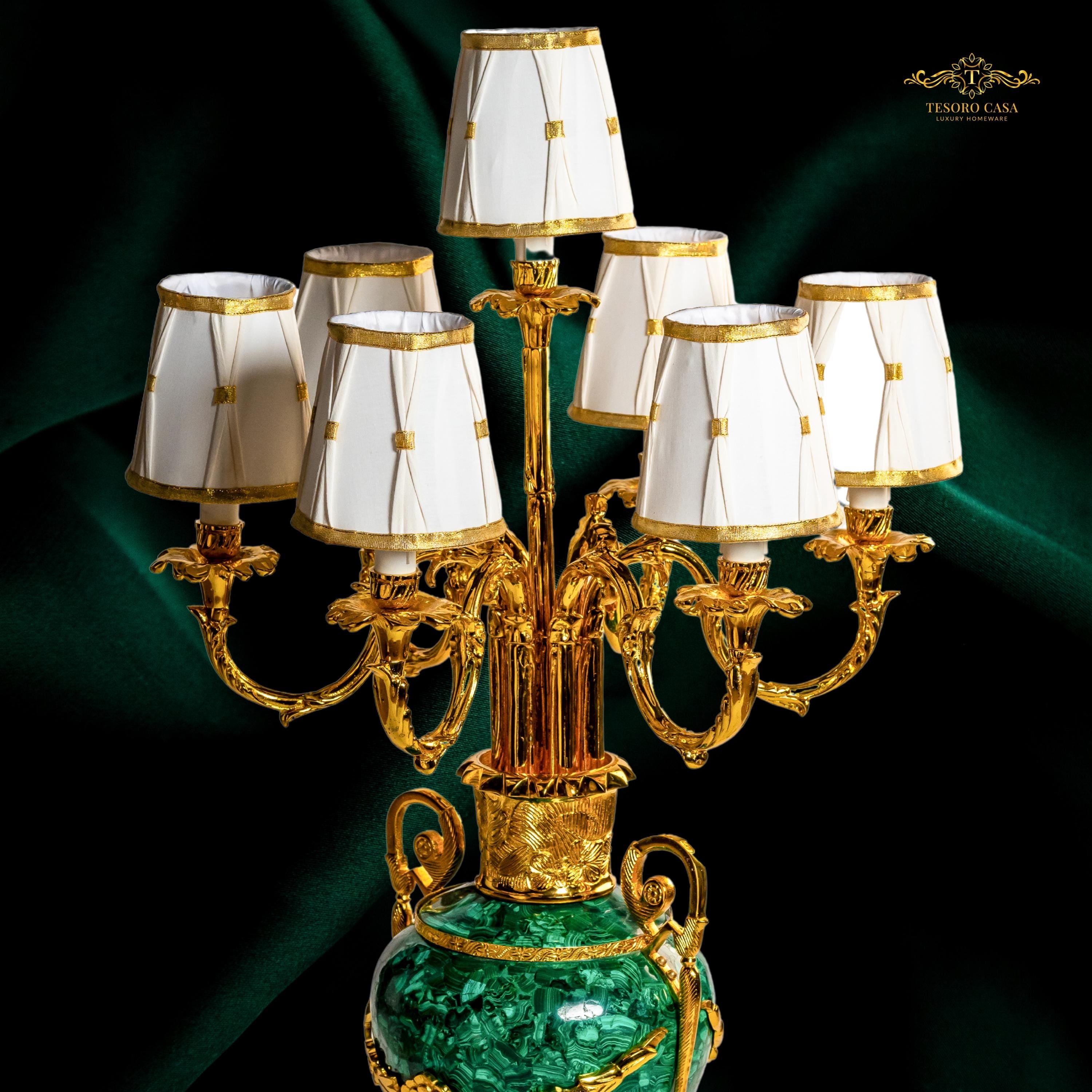 Grand Malachite & Gold Eight-Arm Luxury Candelabra Lamp