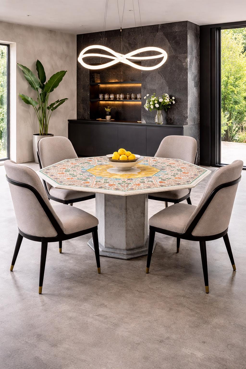 Pietra Dura Marble Dining Table with Yellow Mother of Pearl Inlay