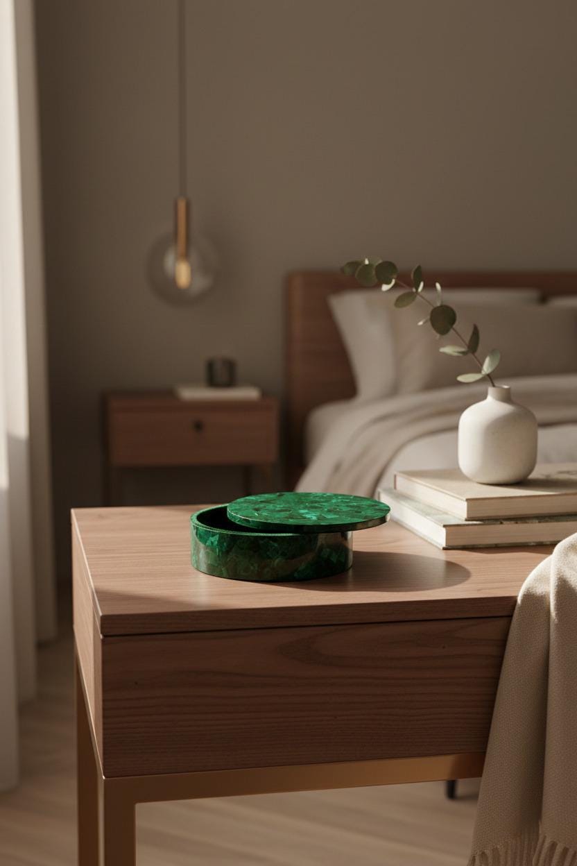Handcrafted Round Malachite Jewellery Box: Luxury Gemstone Storage Accent