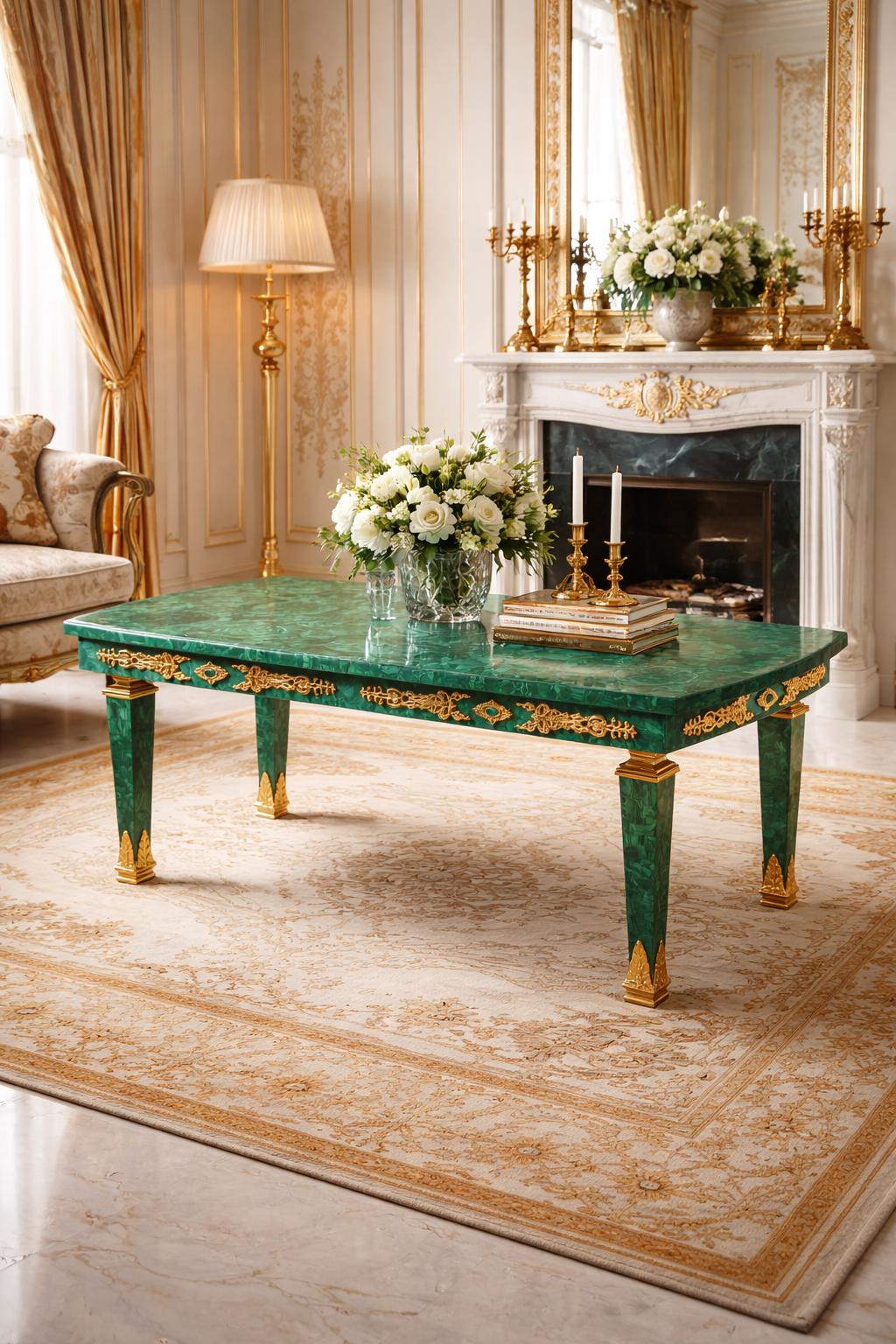 Malachite Majlis Centre Table with Brass Gold Plating