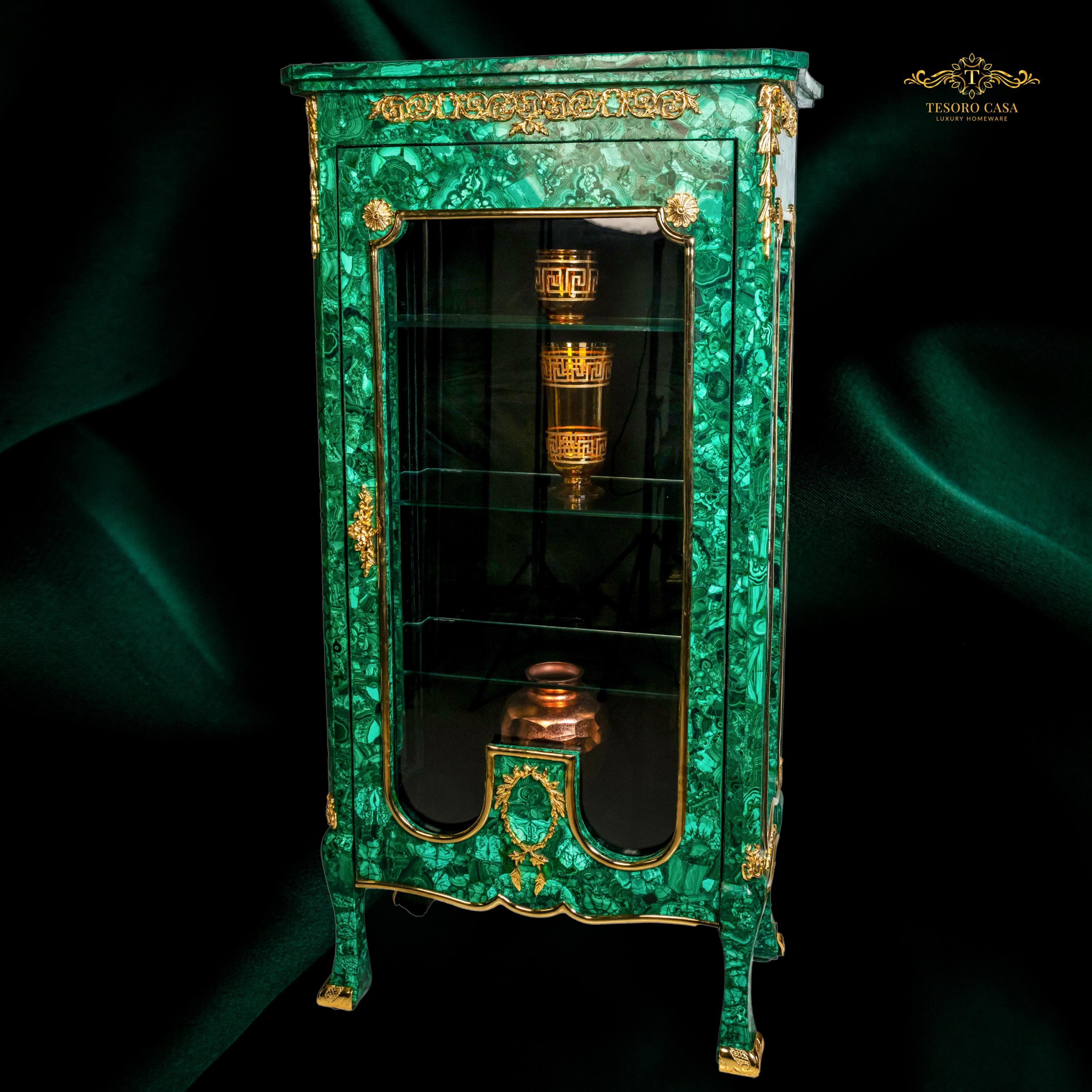 Handcrafted Malachite Display Cabinet with Gilded Brass Accents