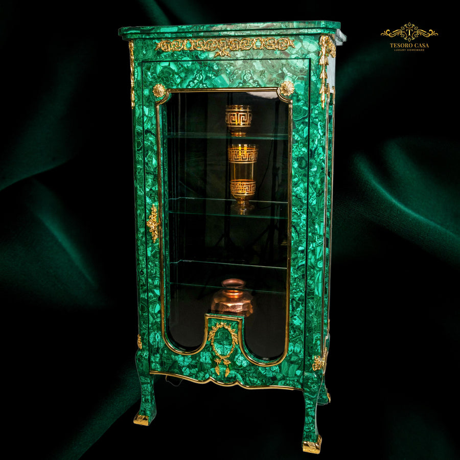 Handcrafted Malachite Display Cabinet with Gilded Brass Accents