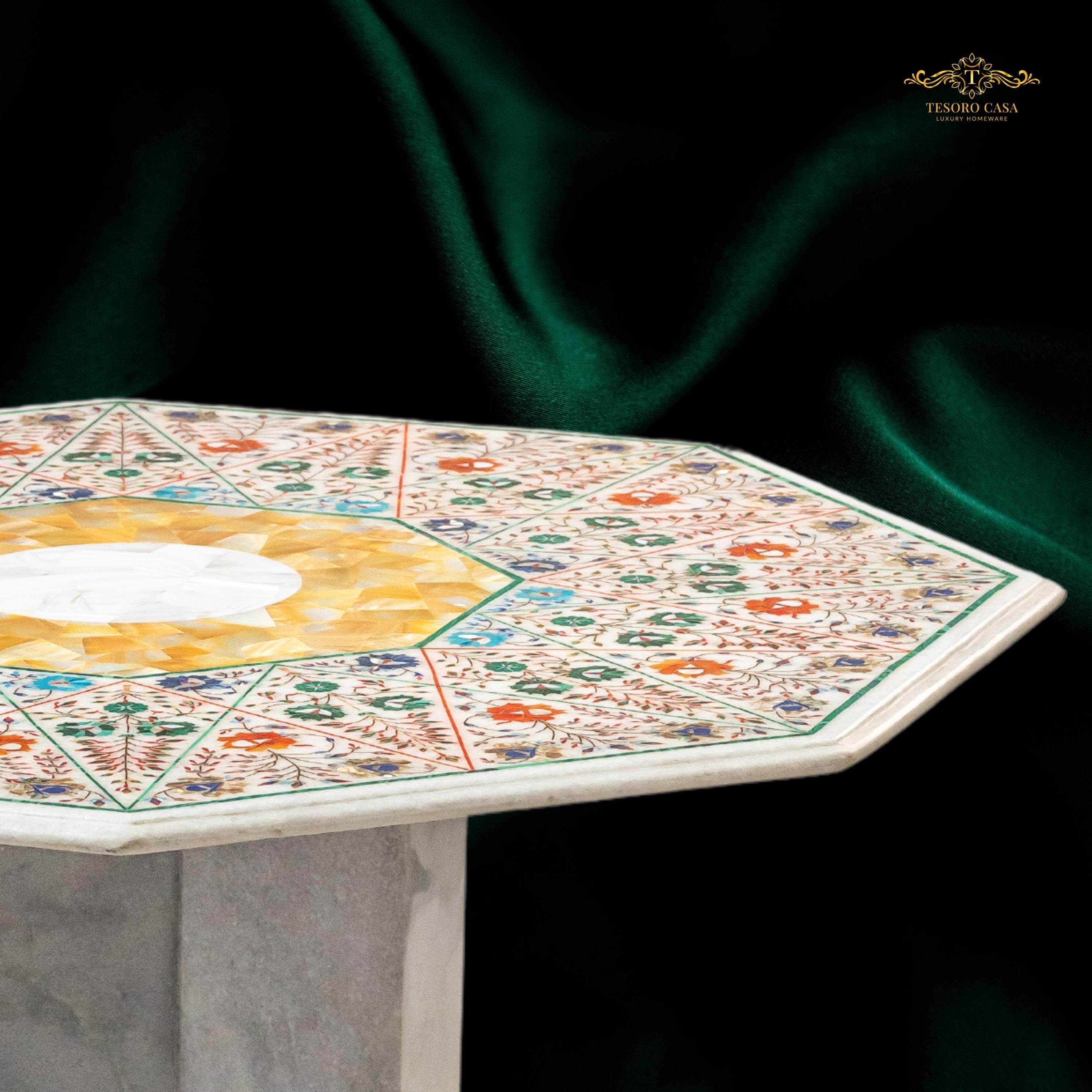 Pietra Dura Marble Dining Table with Yellow Mother of Pearl Inlay