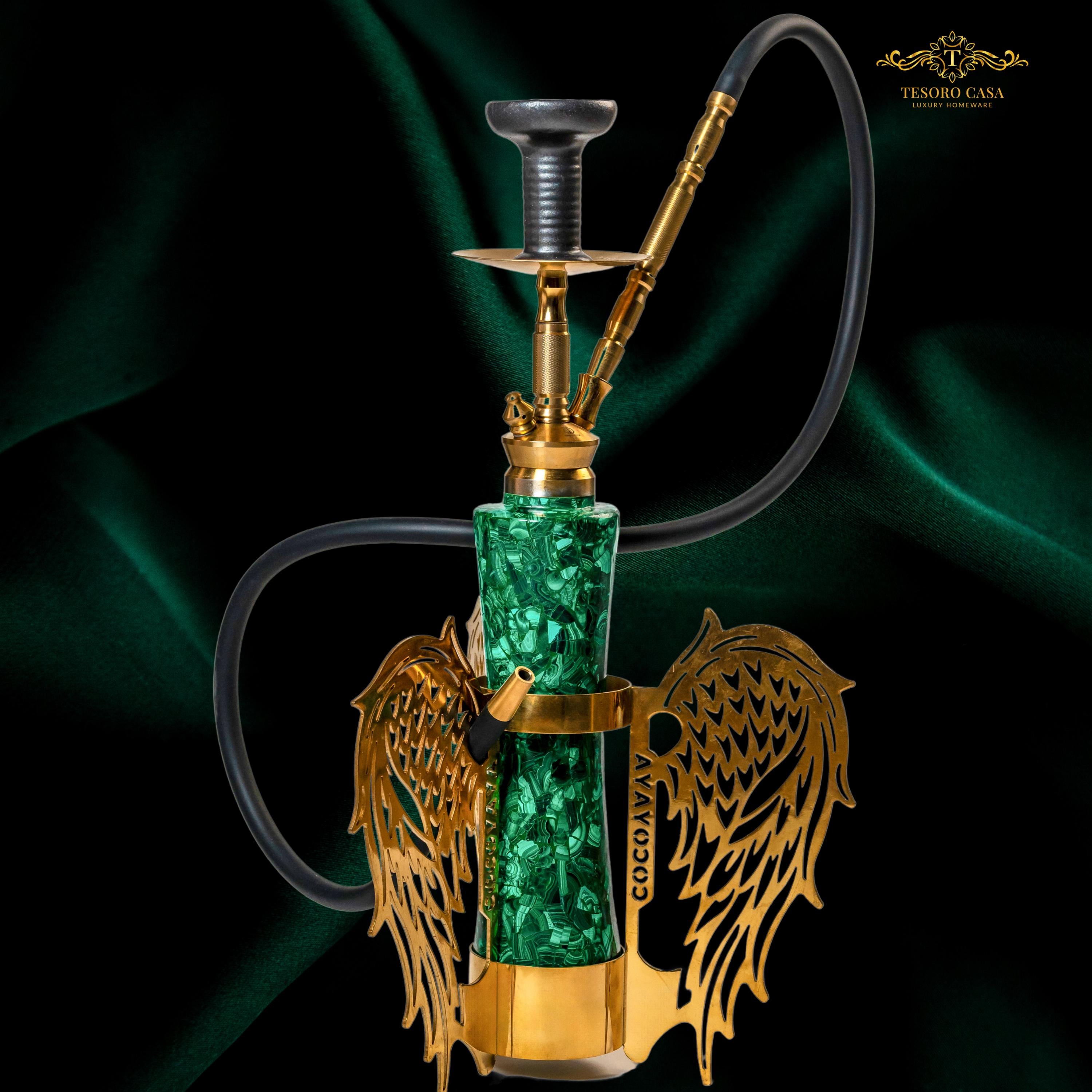 Handcrafted Malachite Sheesha with Ornate Gold Wings